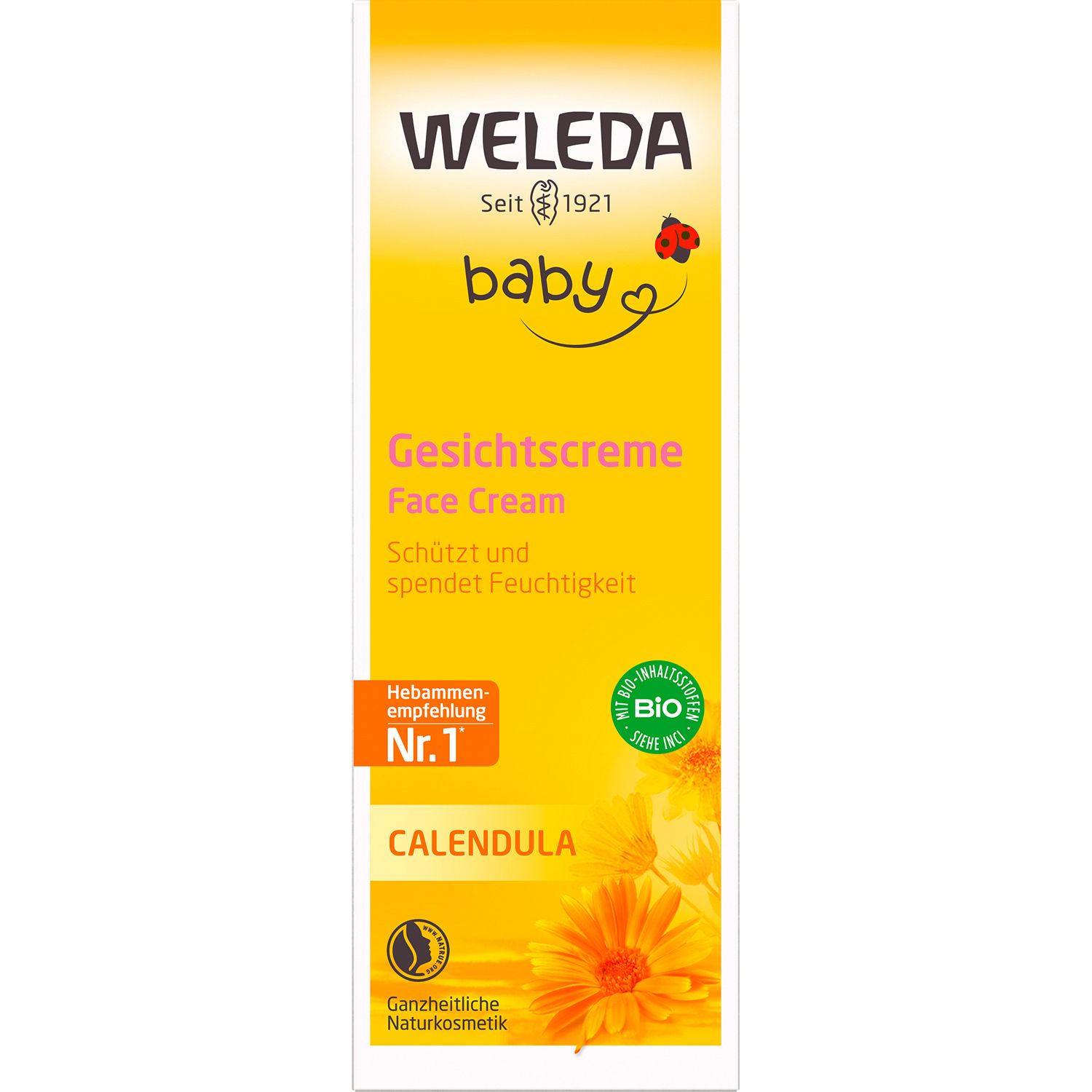 Weleda Baby Crema Viso, tubo. Giallo, con testo e fiori.