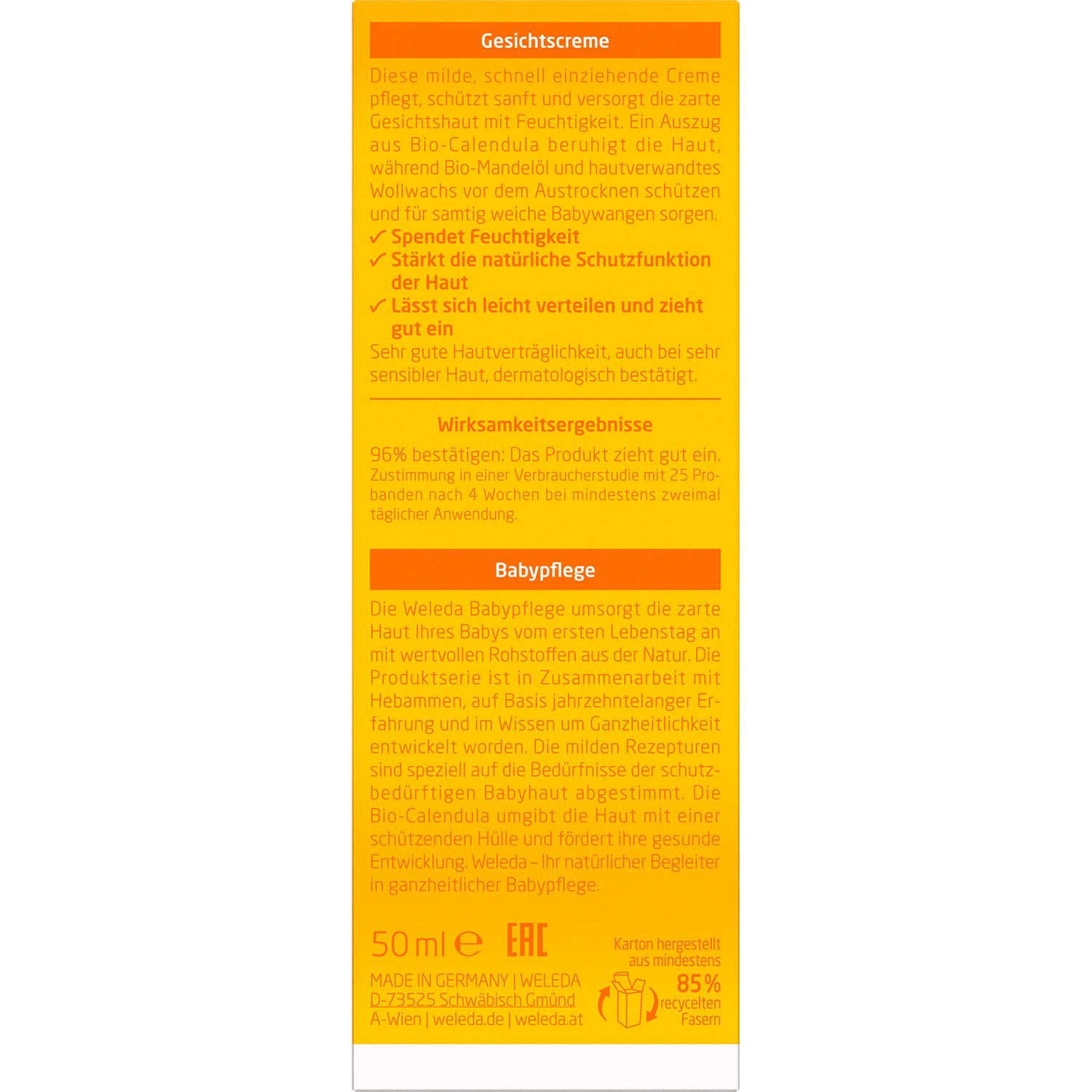 Testo sulla confezione della crema viso Weleda Baby. Giallo, con testo.