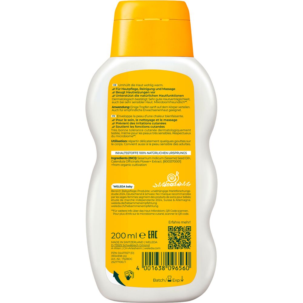 Retro del flacone Weleda Baby Pflegeöl. Contiene ingredienti, 200ml, materiale riciclato, codice EAN.