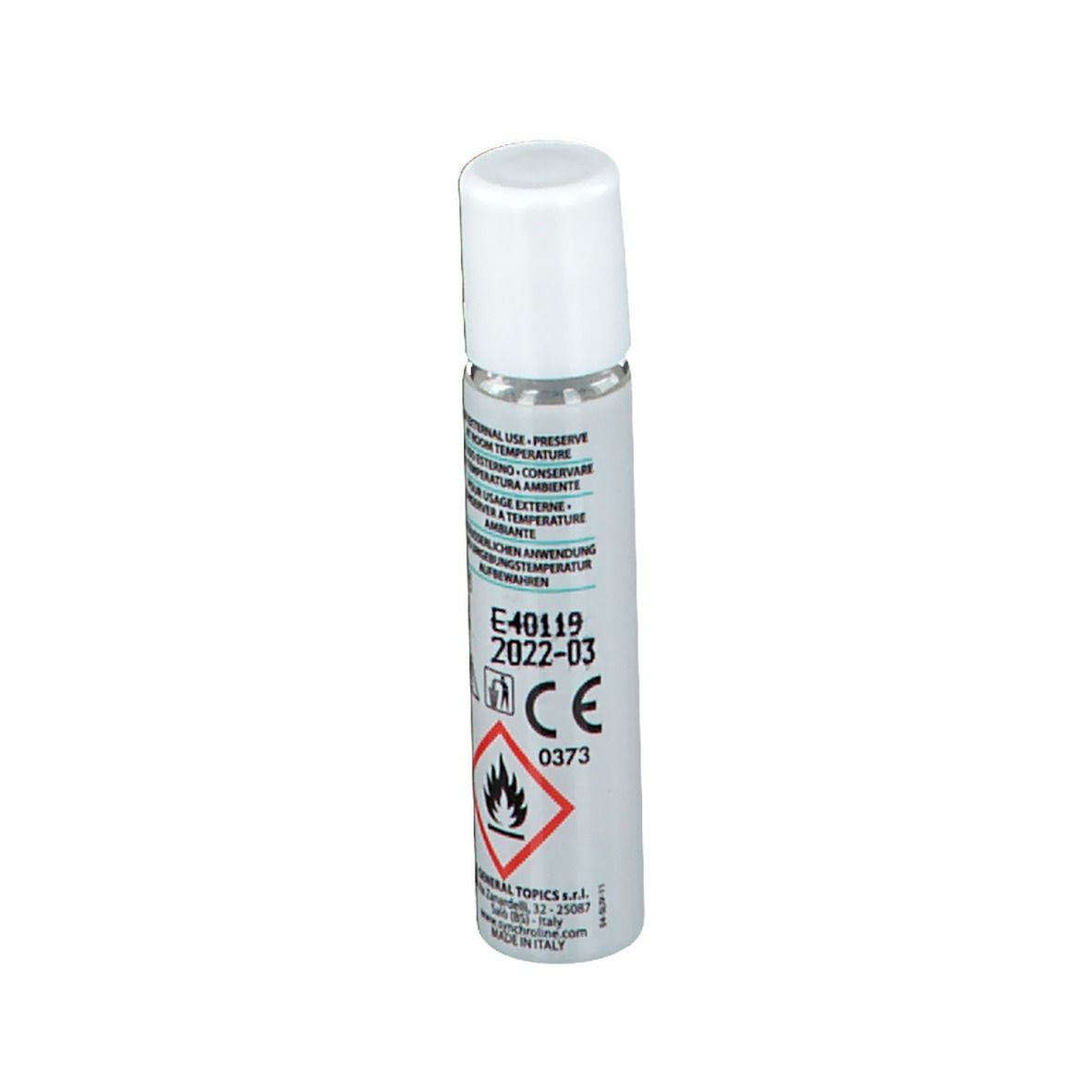 Roll-on, tappo bianco. Retro con avvertenze, marchio CE e simbolo di pericolo. Prodotto in Italia.