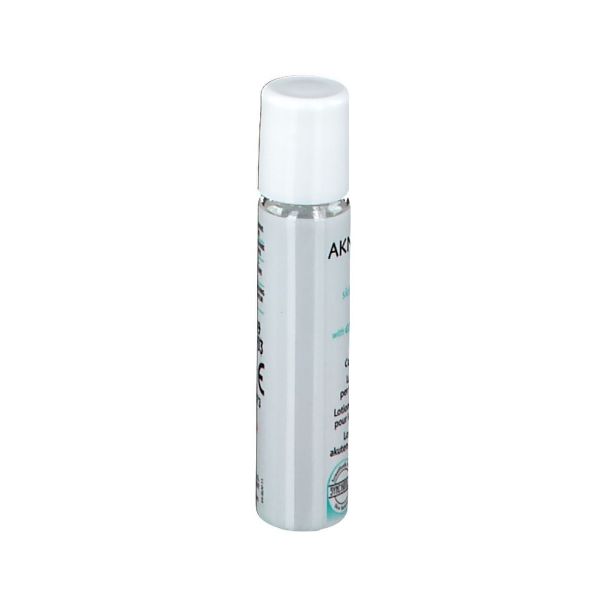 Roll-on, tappo bianco. Scritta AKNICARE SR. Retro con marchio CE. Prodotto in Italia.