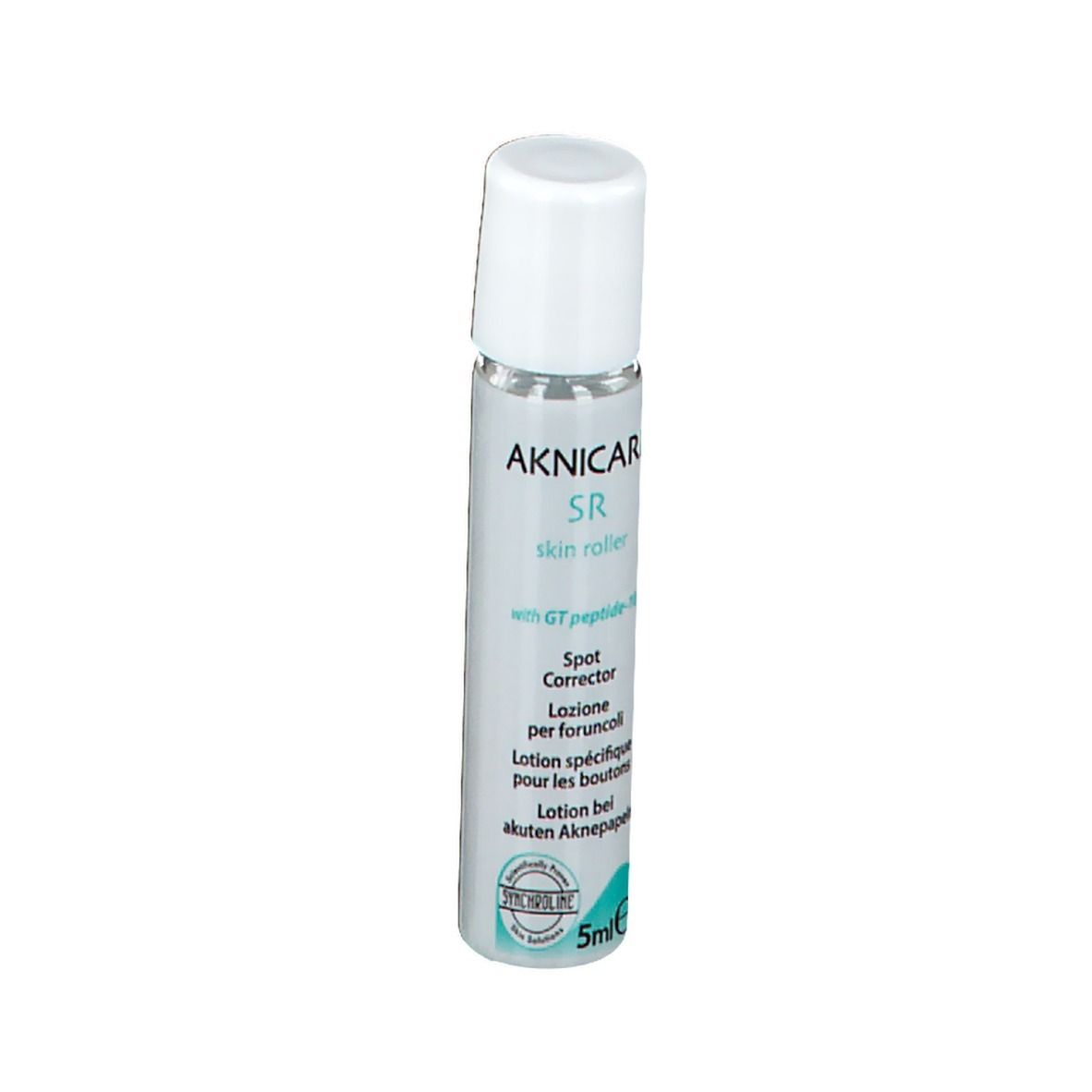 Roll-on AKNICARE SR skin roller, tappo bianco. Contiene GT peptide-10. Spot Corrector. 5ml.