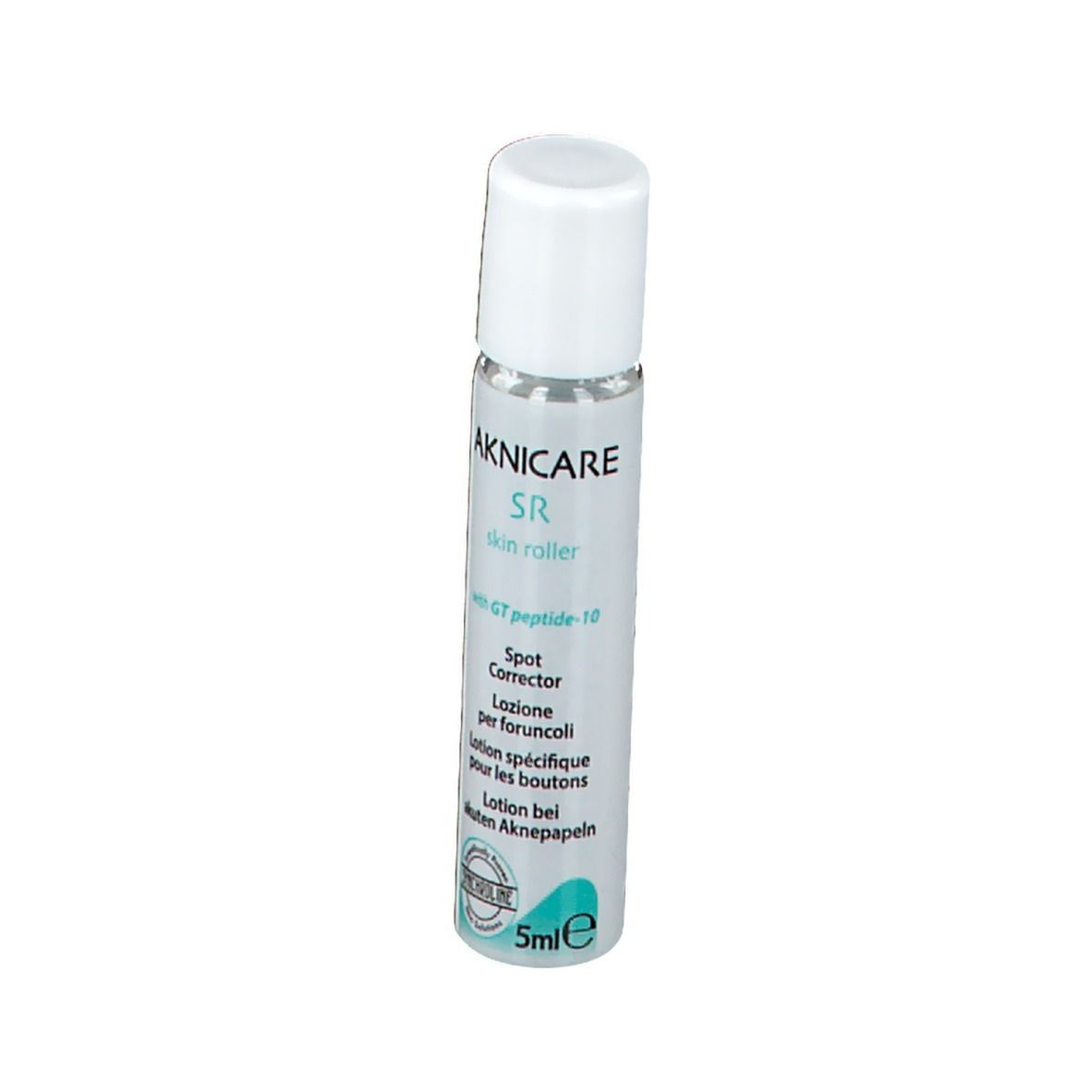 Roll-on AKNICARE SR skin roller, tappo bianco. Contiene GT peptide-10. Spot Corrector. 5ml.