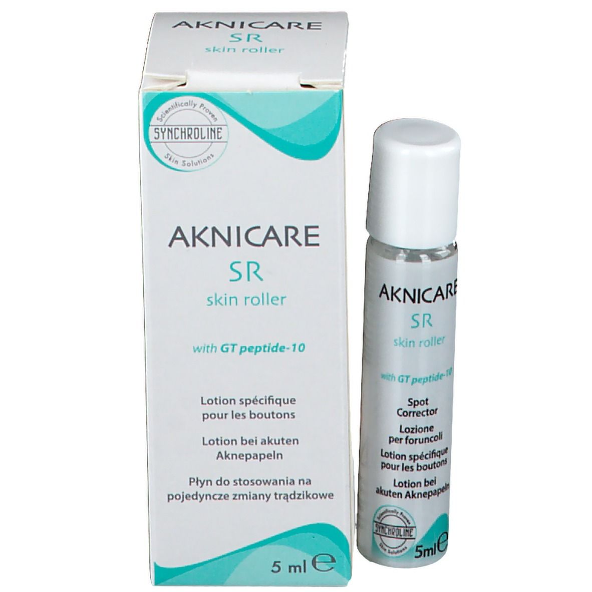 Confezione con roll-on. Scritta AKNICARE SR skin roller. Contiene GT peptide-10. 5ml.