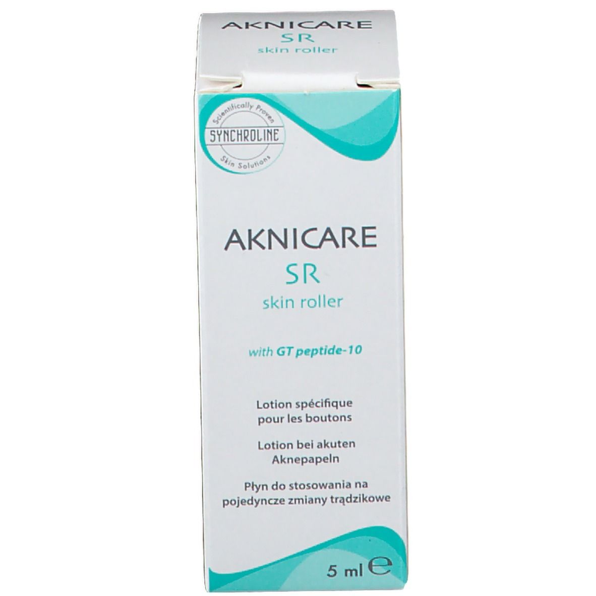 Confezione. Scritta AKNICARE SR skin roller. Contiene GT peptide-10. 5ml. Logo SYNCHROLINE.