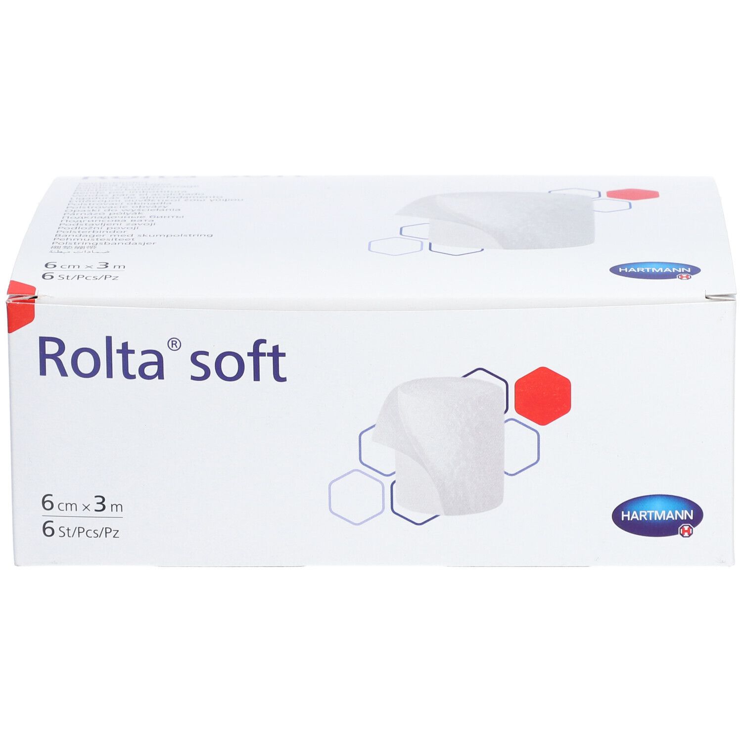 Scatola Hartmann Rolta-soft. 6 cm x 3 m, 6 pezzi. Scatola bianca con nome e logo del prodotto. Esagoni e accenti rossi.