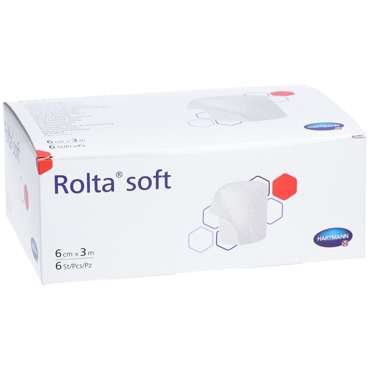 Scatola Hartmann Rolta-soft. 6 cm x 3 m, 6 pezzi. Scatola bianca con nome e logo del prodotto. Esagoni e accenti rossi.