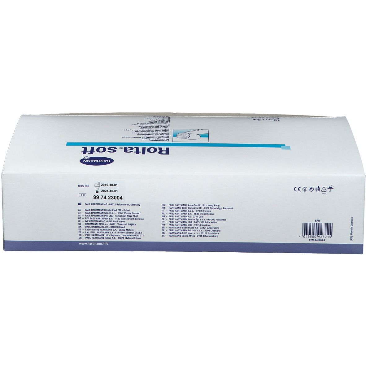 Confezione bianca "Rolta-soft" con logo Hartmann. Dimensioni e quantità indicate. Dettagli blu.