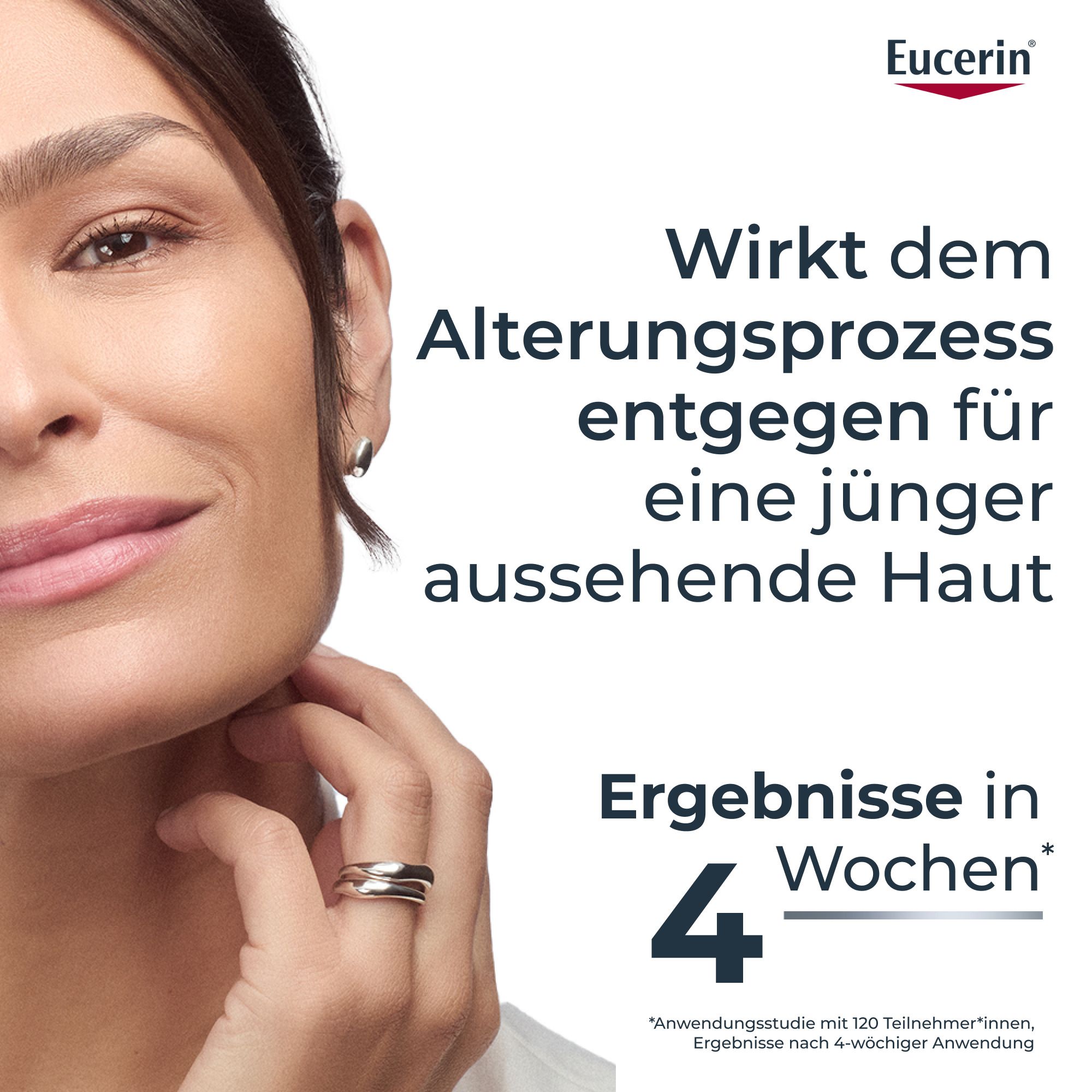 Viso di donna con logo Eucerin. "Contrasta il processo di invecchiamento per una pelle dall'aspetto più giovane."