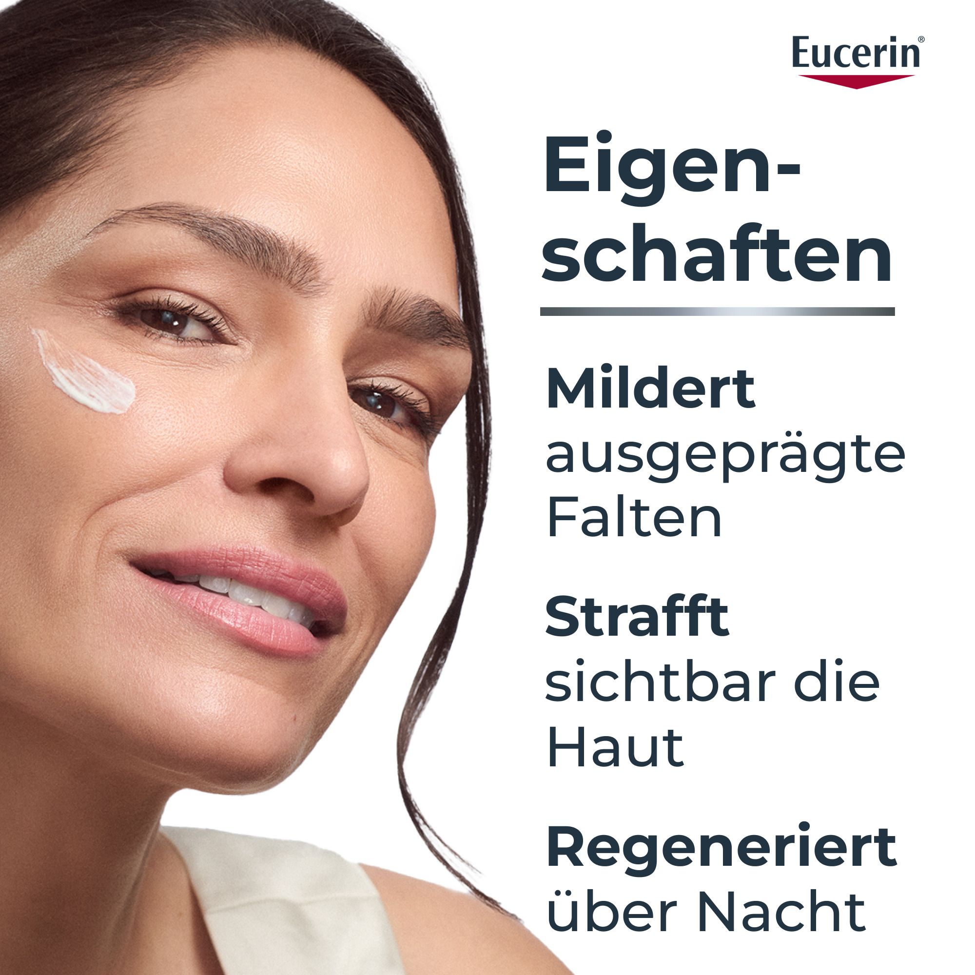 Viso di donna con logo Eucerin. "Attenua le rughe marcate, rassoda visibilmente la pelle, rigenera durante la notte."