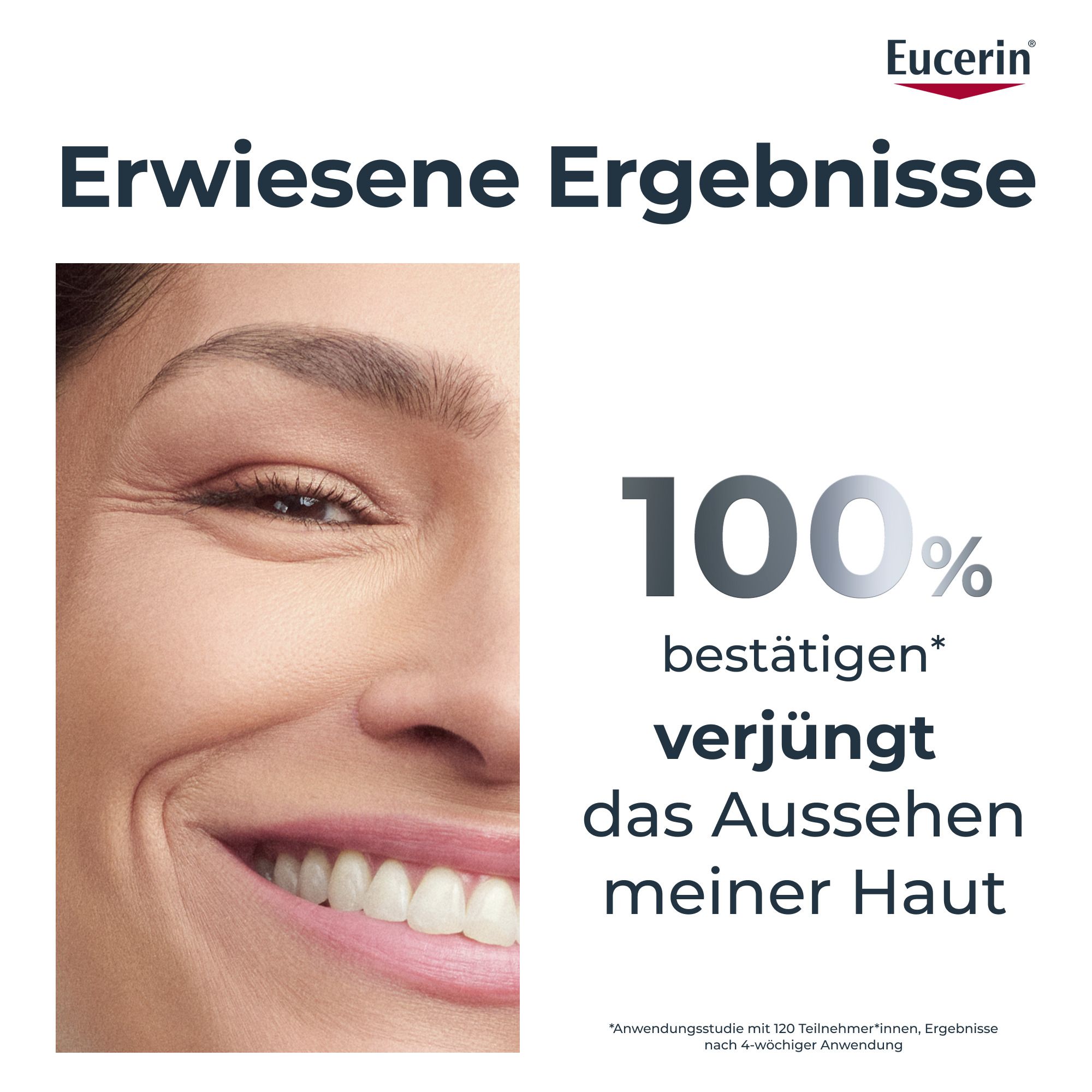 Viso di una donna con logo Eucerin. "Il 100% conferma l'aspetto ringiovanito della mia pelle."