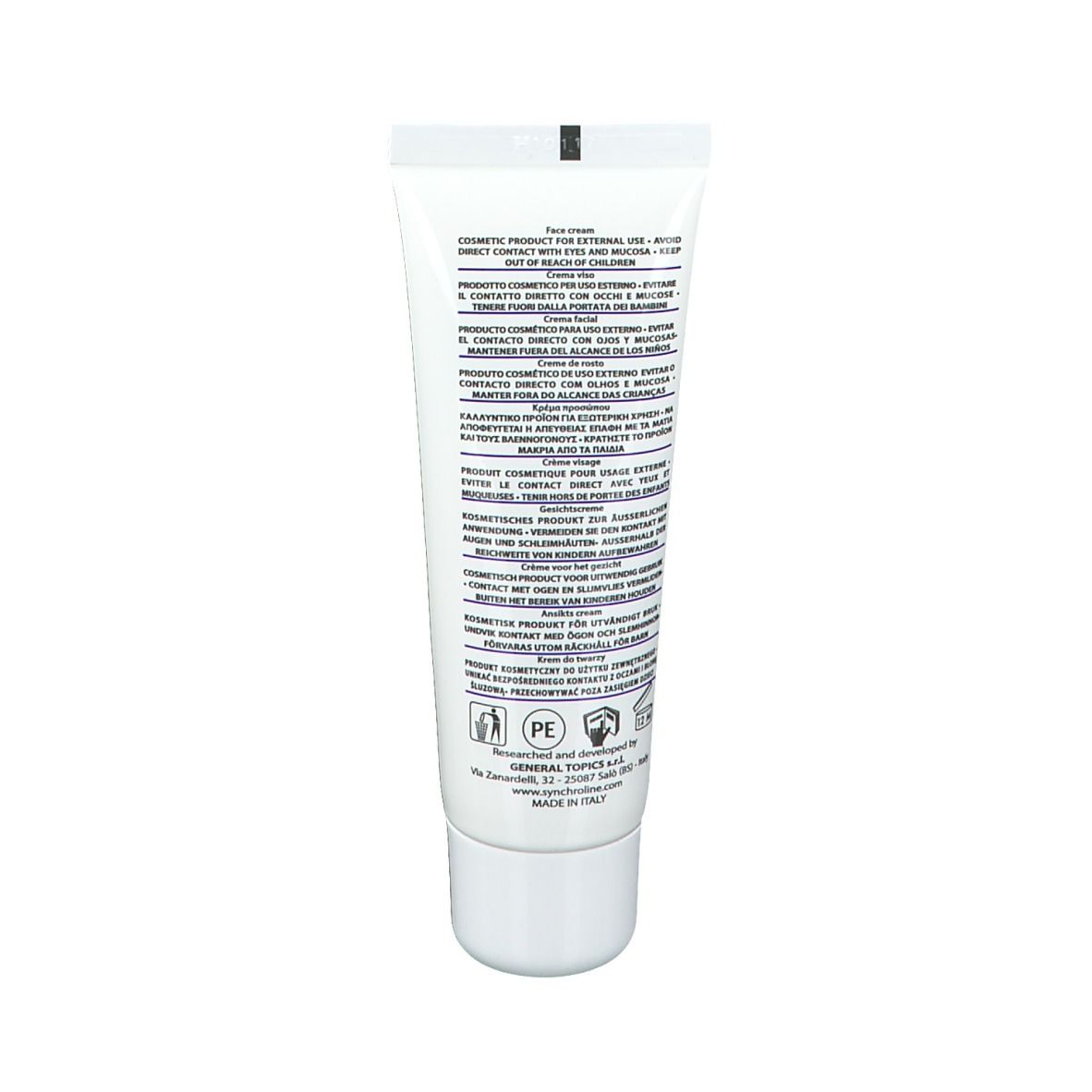 Retro del tubo bianco. Testo multilingue. Simbolo di riciclaggio PE. Prodotto in Italia.