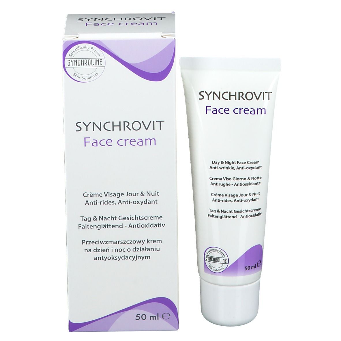 Tubo e scatola SYNCHROVIT Face cream. Scatola con nome e informazioni. 50 ml.