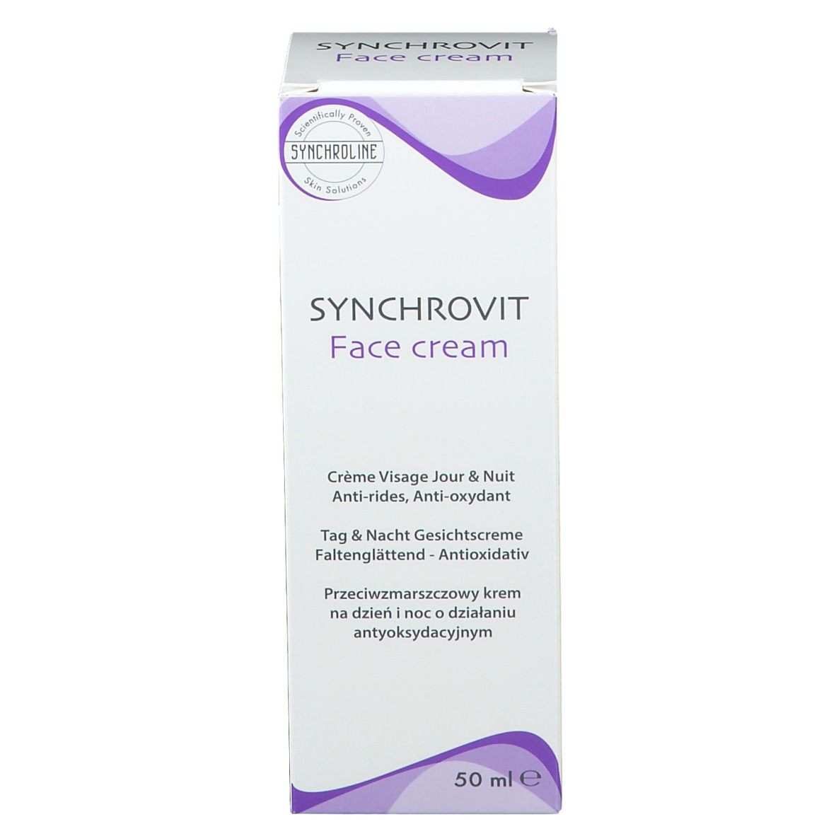 Scatola SYNCHROVIT Face cream. Nome, informazioni e logo. 50 ml.
