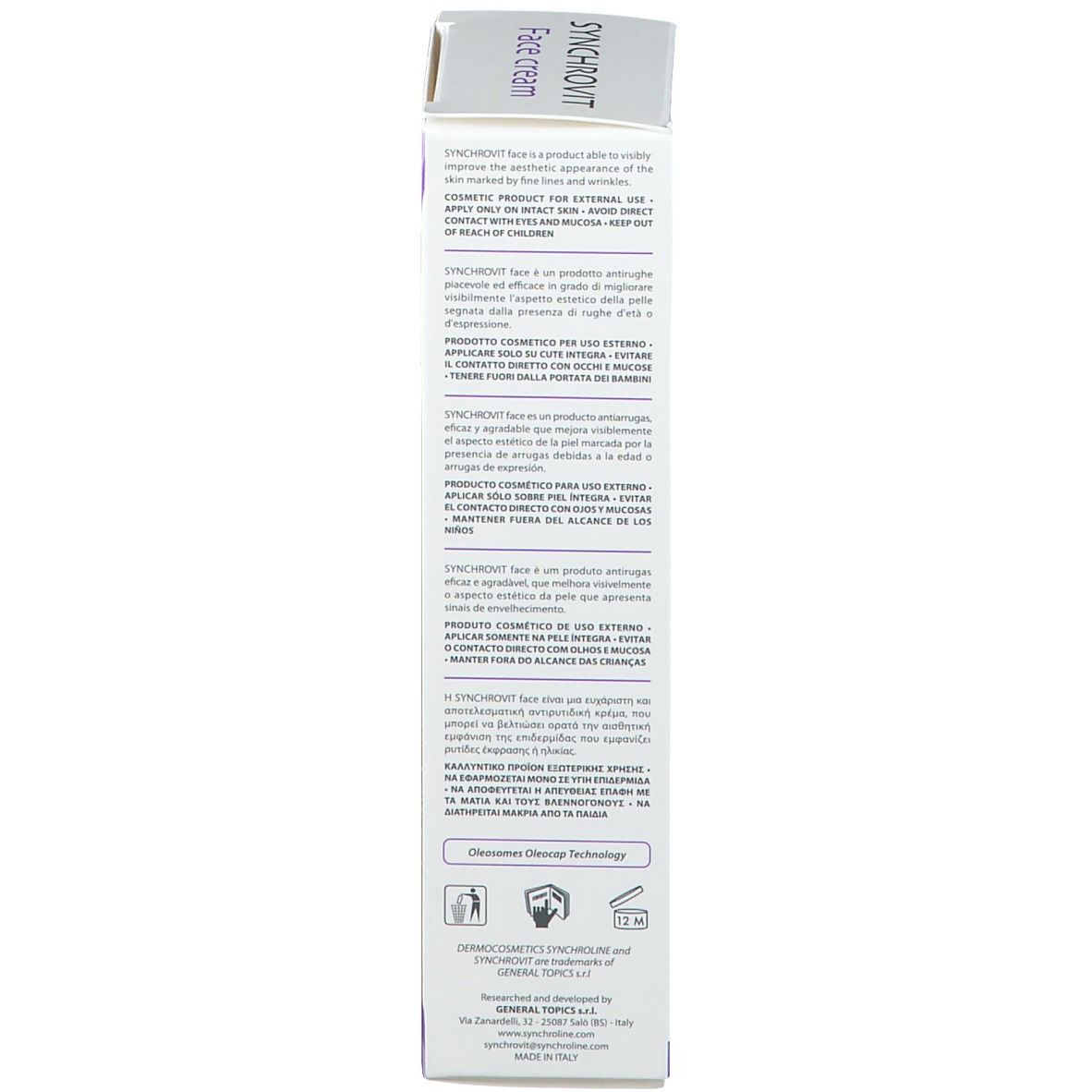 Retro della scatola SYNCHROVIT Face cream. Testo multilingue. Informazioni e loghi.