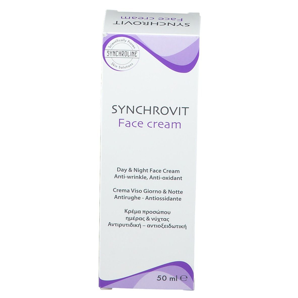 Fronte della scatola SYNCHROVIT Face cream. Nome, informazioni e logo. 50 ml.