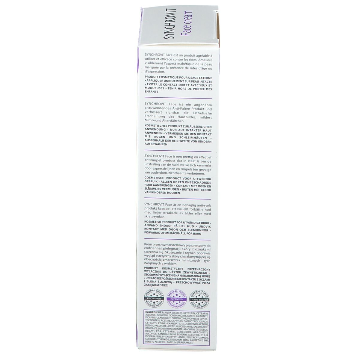 Lato della scatola SYNCHROVIT Face cream. Testo multilingue. Informazioni e loghi.