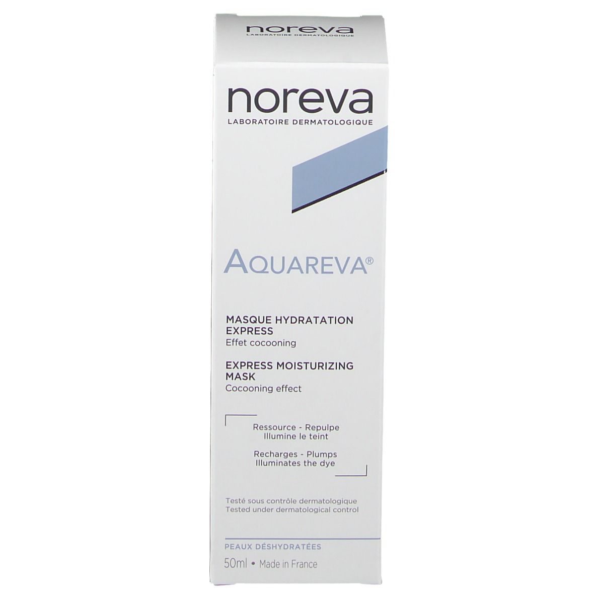 Scatola bianca con nome del prodotto e marchio. Scritta: Aquareva, Maschera Idratante Express. Accenti blu.