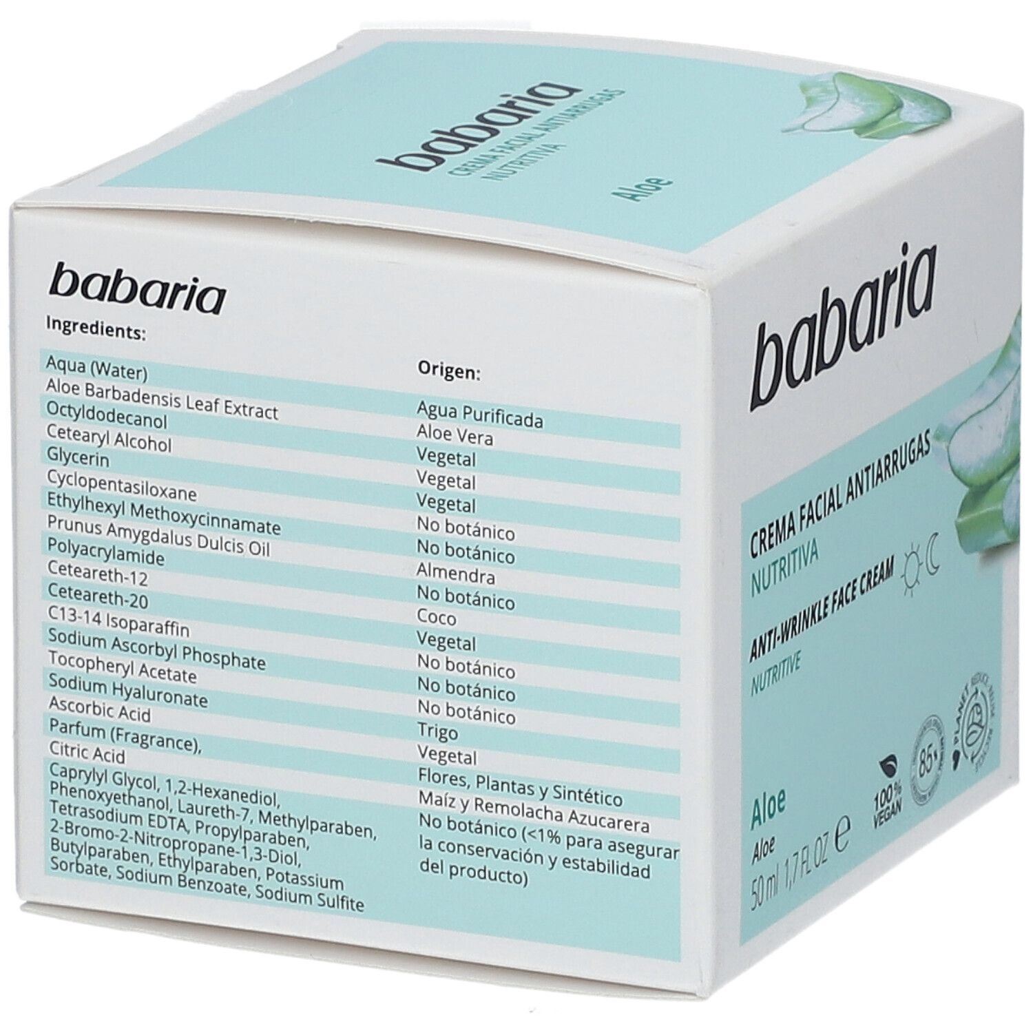 Retro confezione Babaria. Ingredienti e origine. Testo in spagnolo. Scatola bianca con coperchio azzurro.