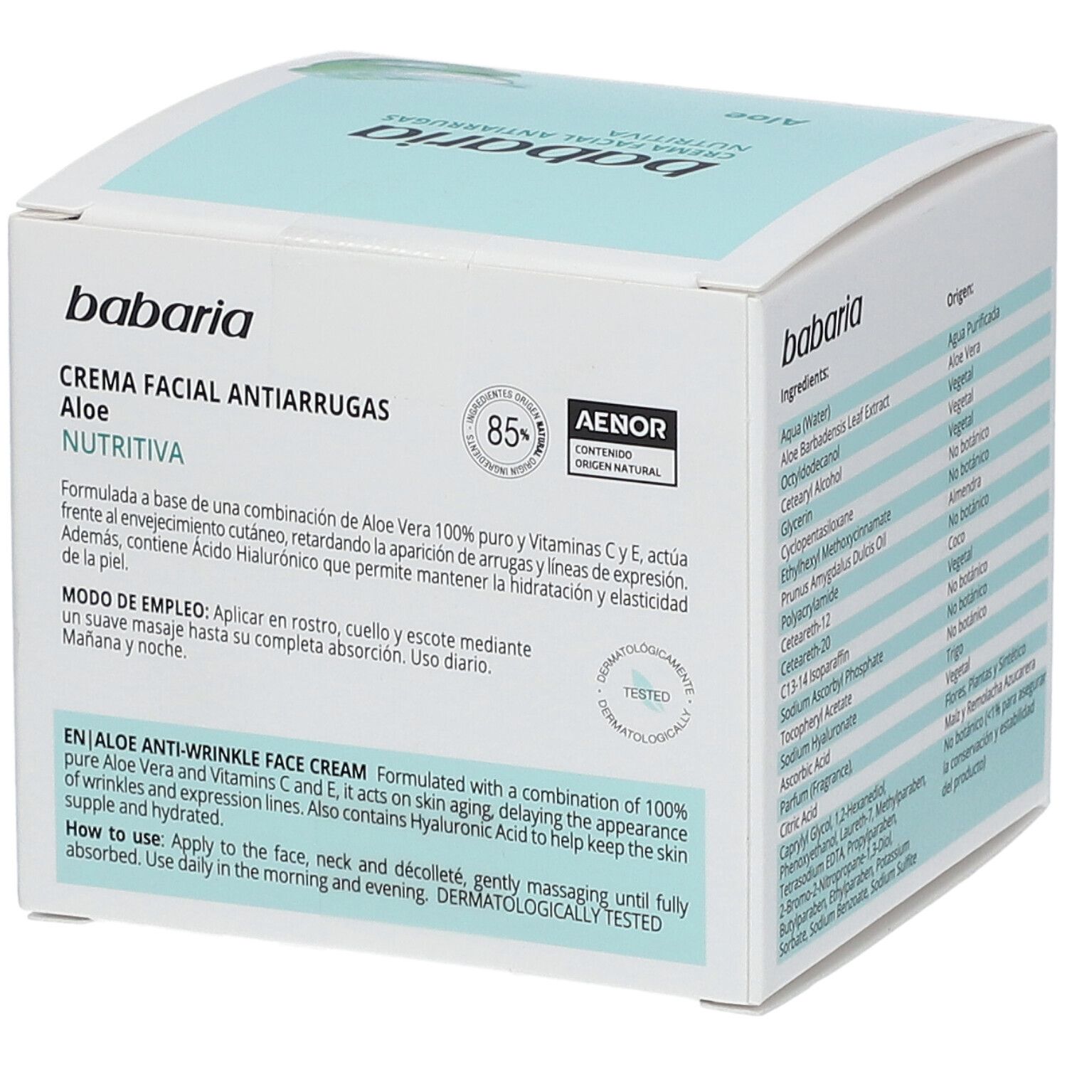 Confezione Babaria. Istruzioni in spagnolo e inglese. Scatola bianca con coperchio azzurro. Dermatologicamente testato.