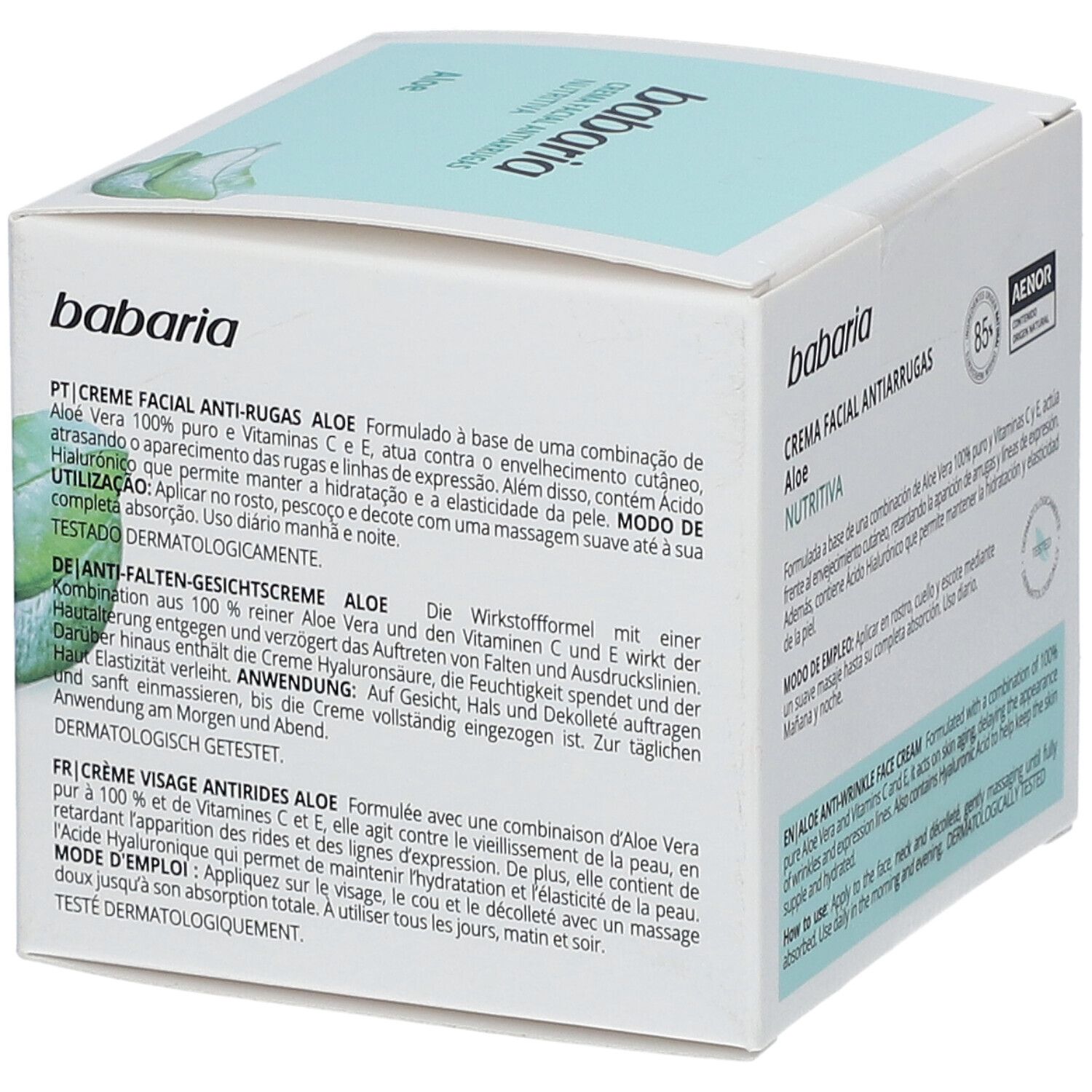 Confezione Babaria. Testo in spagnolo, tedesco e francese. Scatola bianca con coperchio azzurro. Dermatologicamente testato.