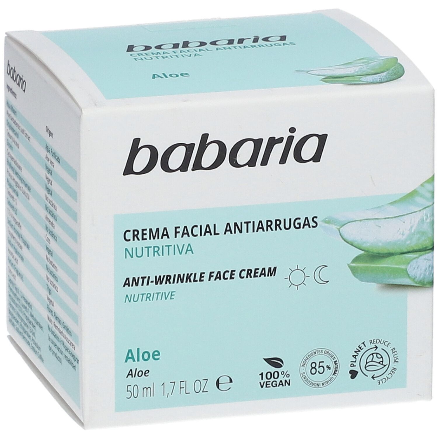 Confezione Babaria. Scritta in spagnolo e inglese. Illustrazione aloe vera. Crema antirughe. Scatola bianca e azzurra.