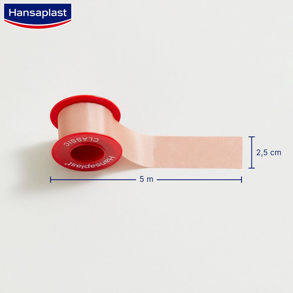 Rotolo di cerotto Hansaplast Classic, 5m x 2,5cm, srotolato.
