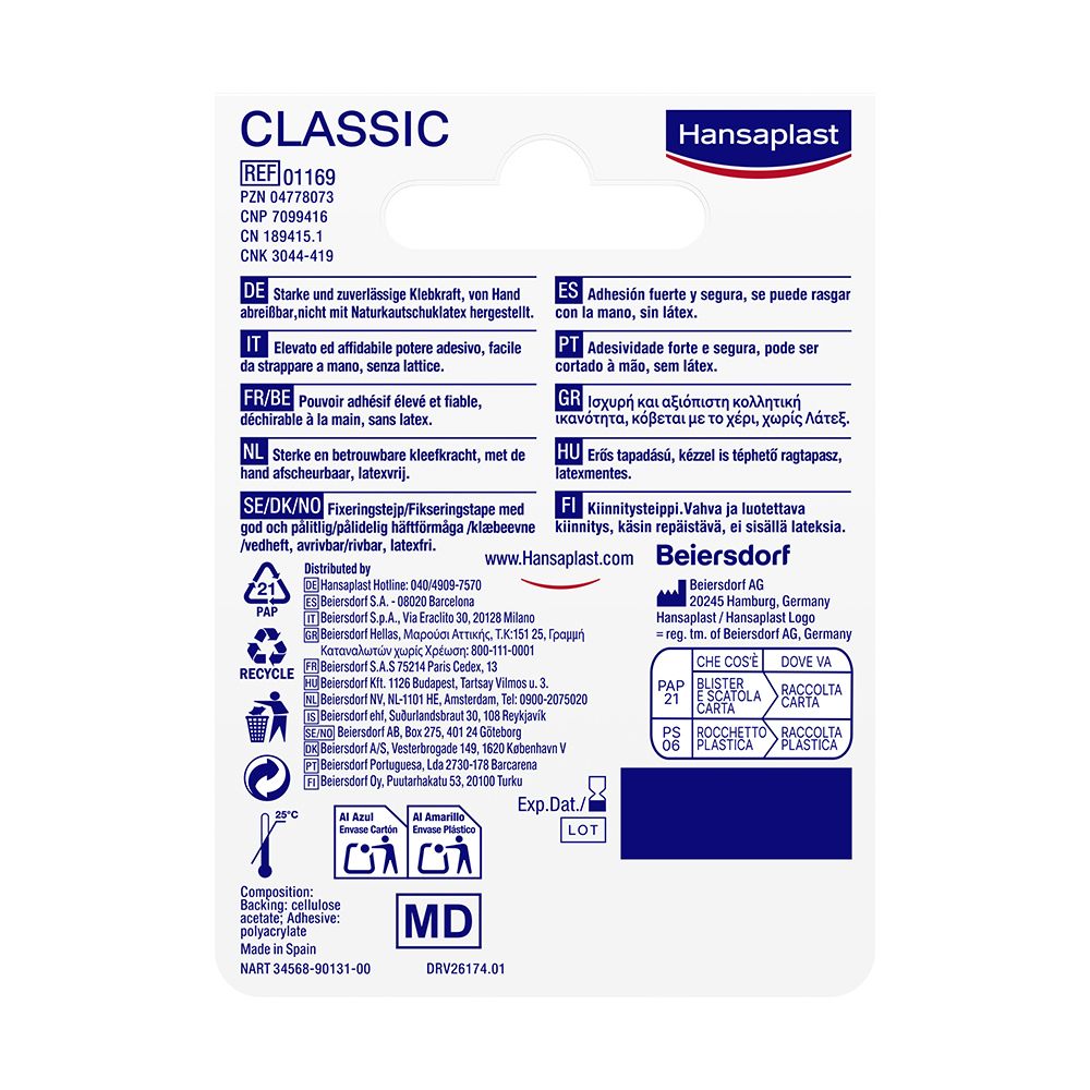 Retro del cerotto Hansaplast Classic. Informazioni multilingue.