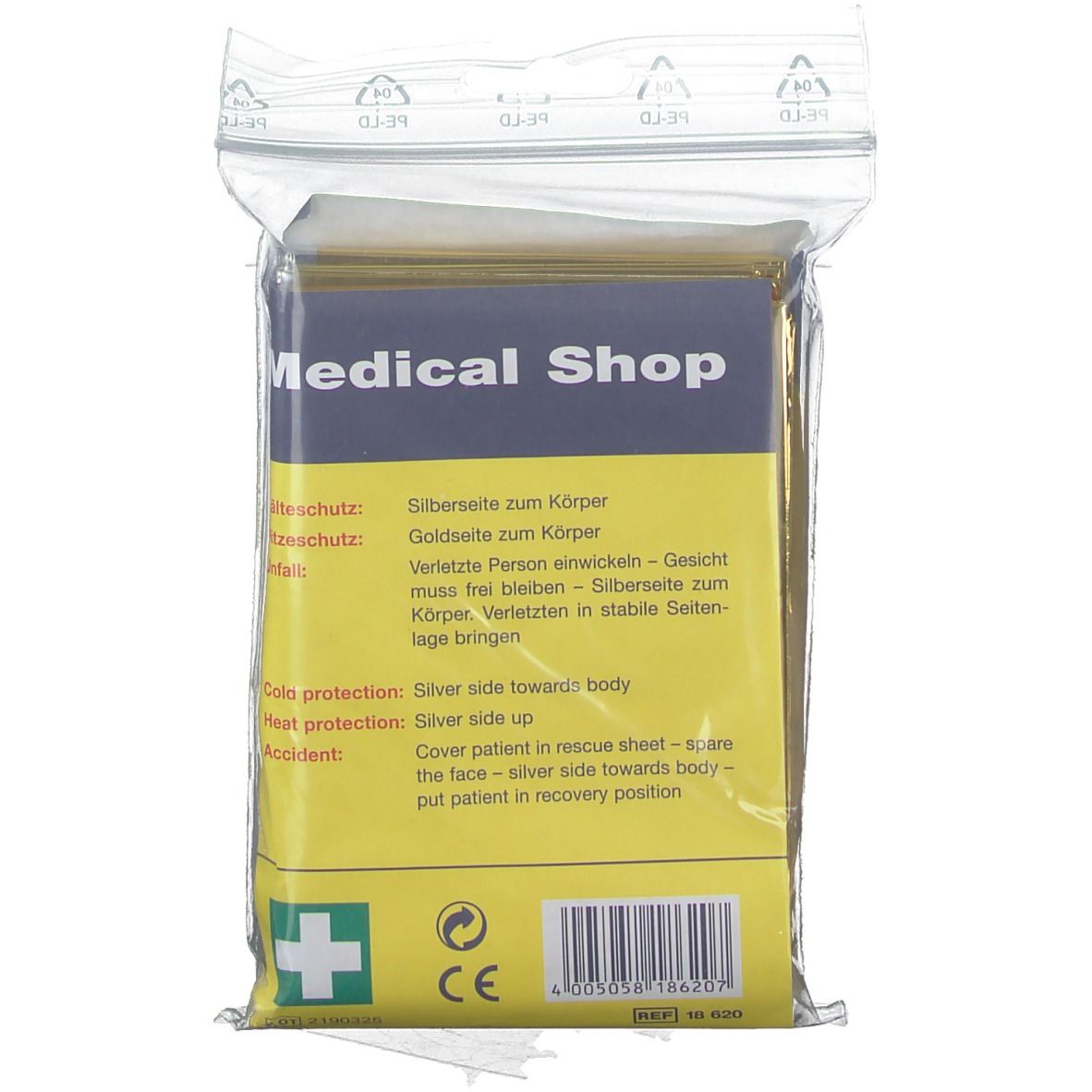 Coperta di soccorso in confezione di plastica. Retro con istruzioni e pittogrammi. Testo: lato argento verso il corpo.