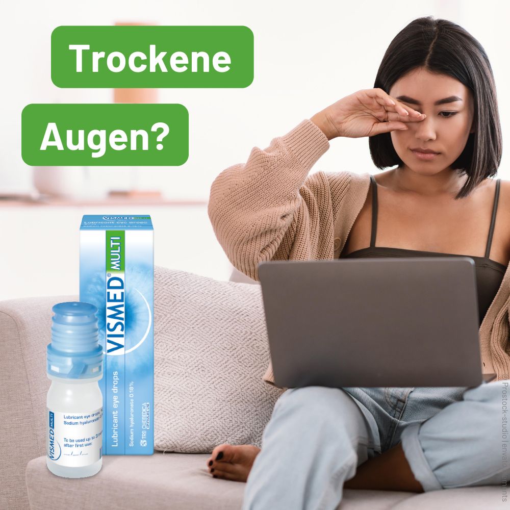Donna con laptop e VISMED® MULTI. Confezione e flacone. Testo: Trockene Augen? VISMED® MULTI.