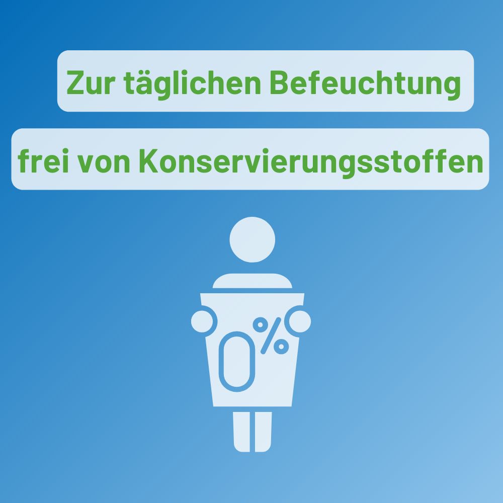 Figura con contenitore. Testo: Zur täglichen Befeuchtung frei von Konservierungsstoffen. 0%.