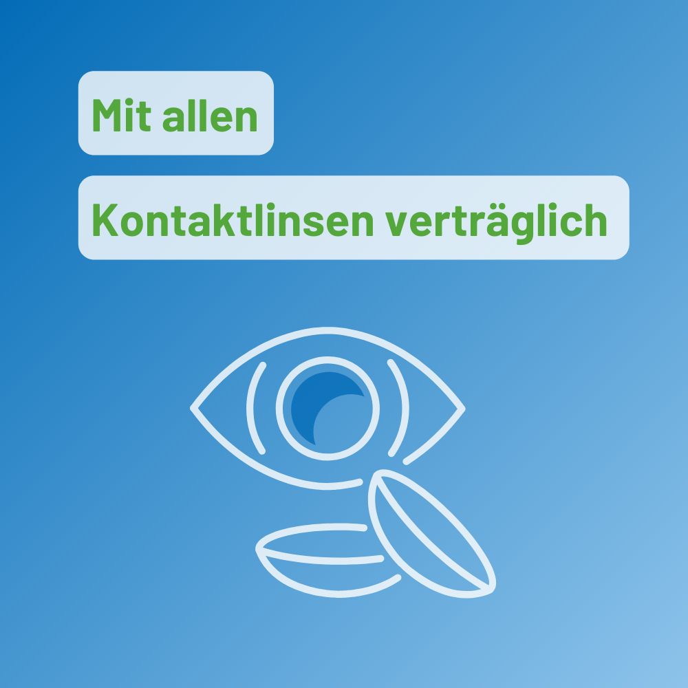 Occhio e simbolo lenti a contatto. Testo: Mit allen Kontaktlinsen verträglich.