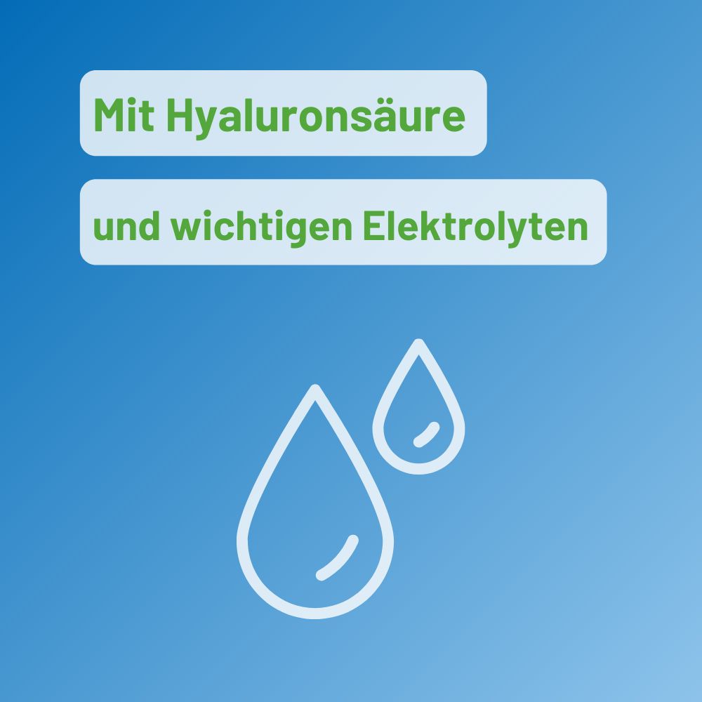 Simbolo goccia. Testo: Mit Hyaluronsäure und wichtigen Elektrolyten.