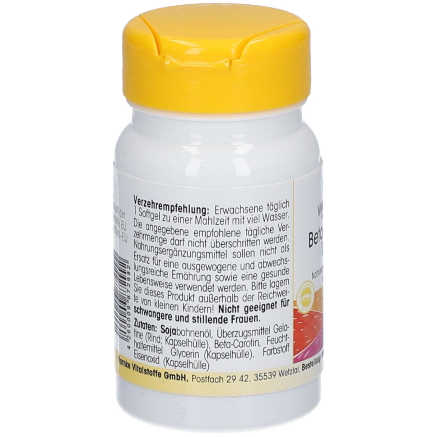 Retro del flacone bianco con coperchio giallo. Testo: Raccomandazioni, ingredienti, avvertenze, informazioni produttore.