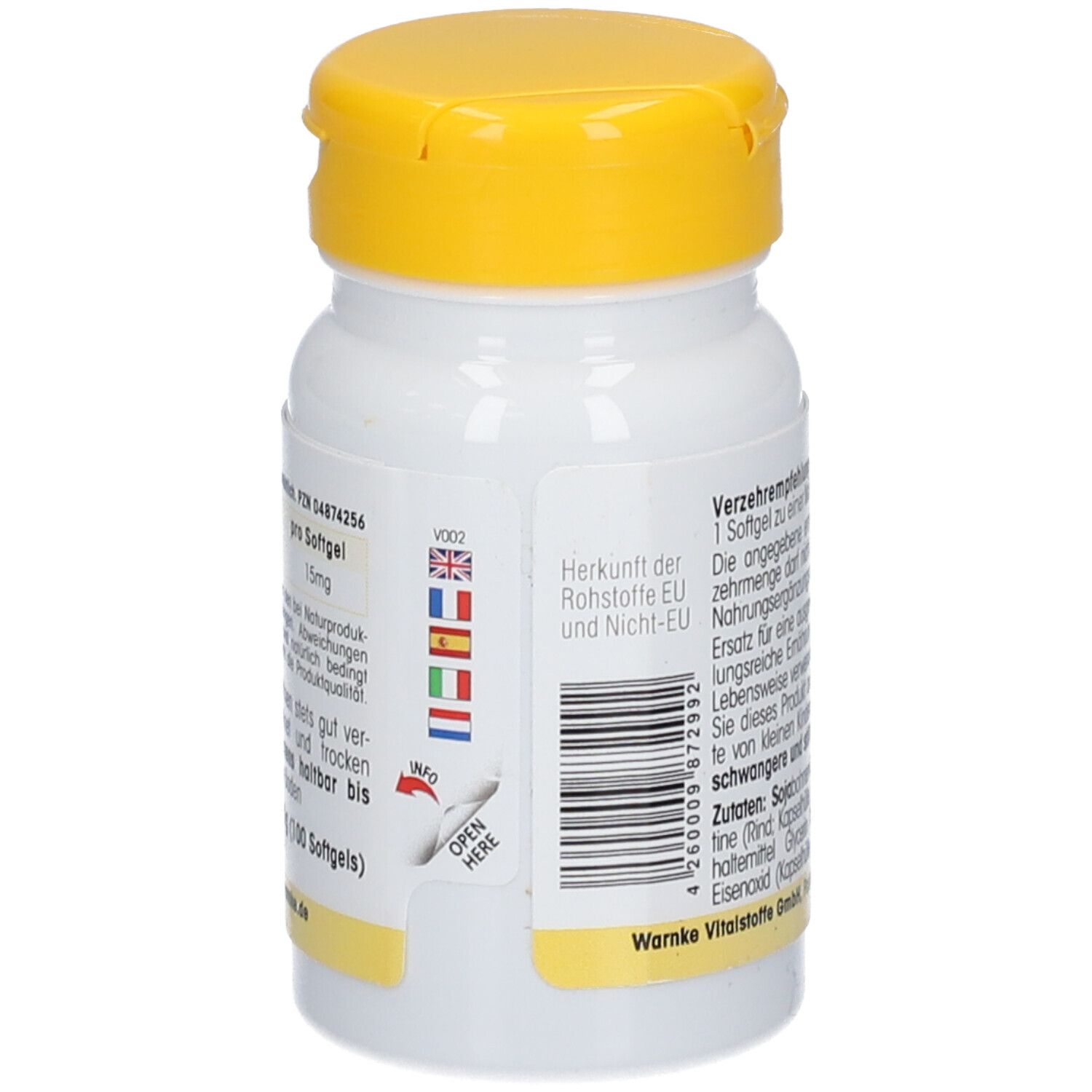 Flacone bianco con coperchio giallo. Adesivo con bandiere UE e non UE, codice a barre e simbolo info.