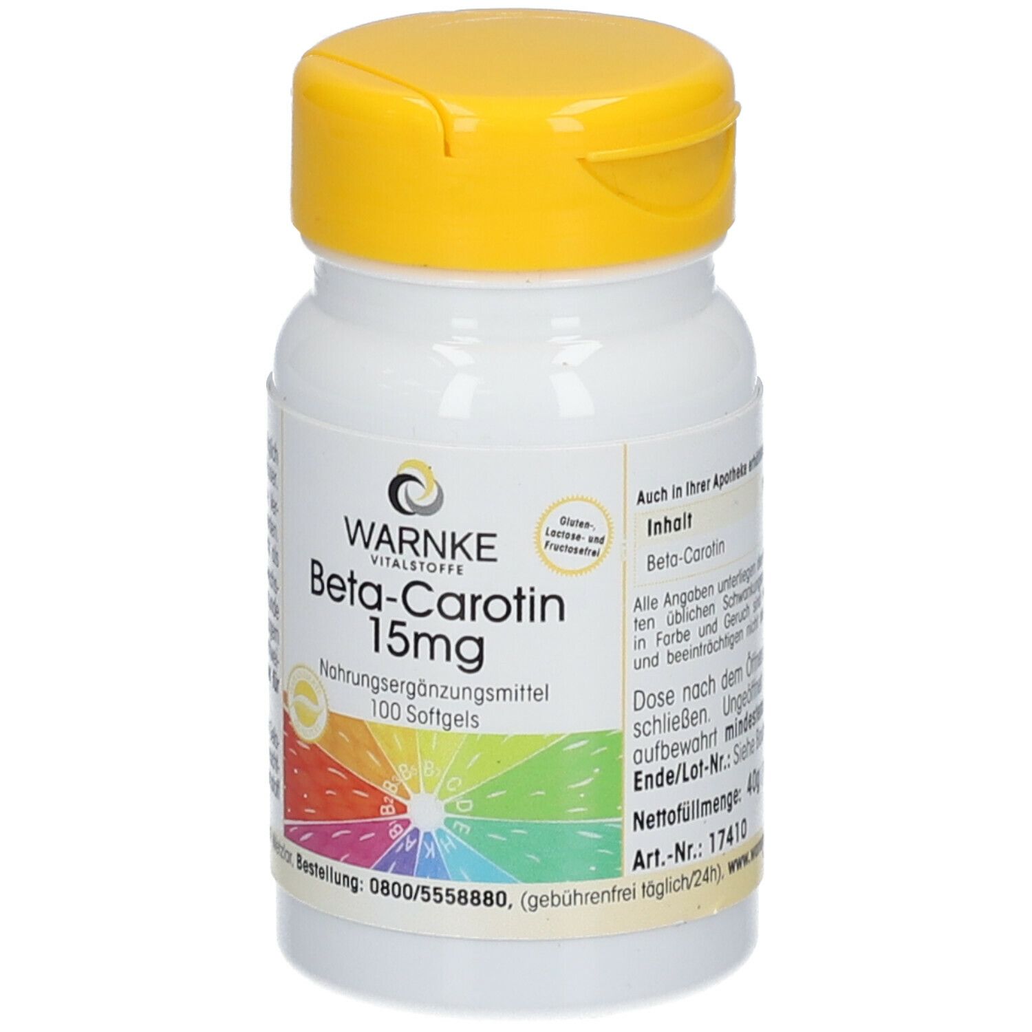 Flacone bianco con coperchio giallo. Scritta: WARNKE Beta-Carotin 15mg, integratore alimentare, 100 capsule molli.