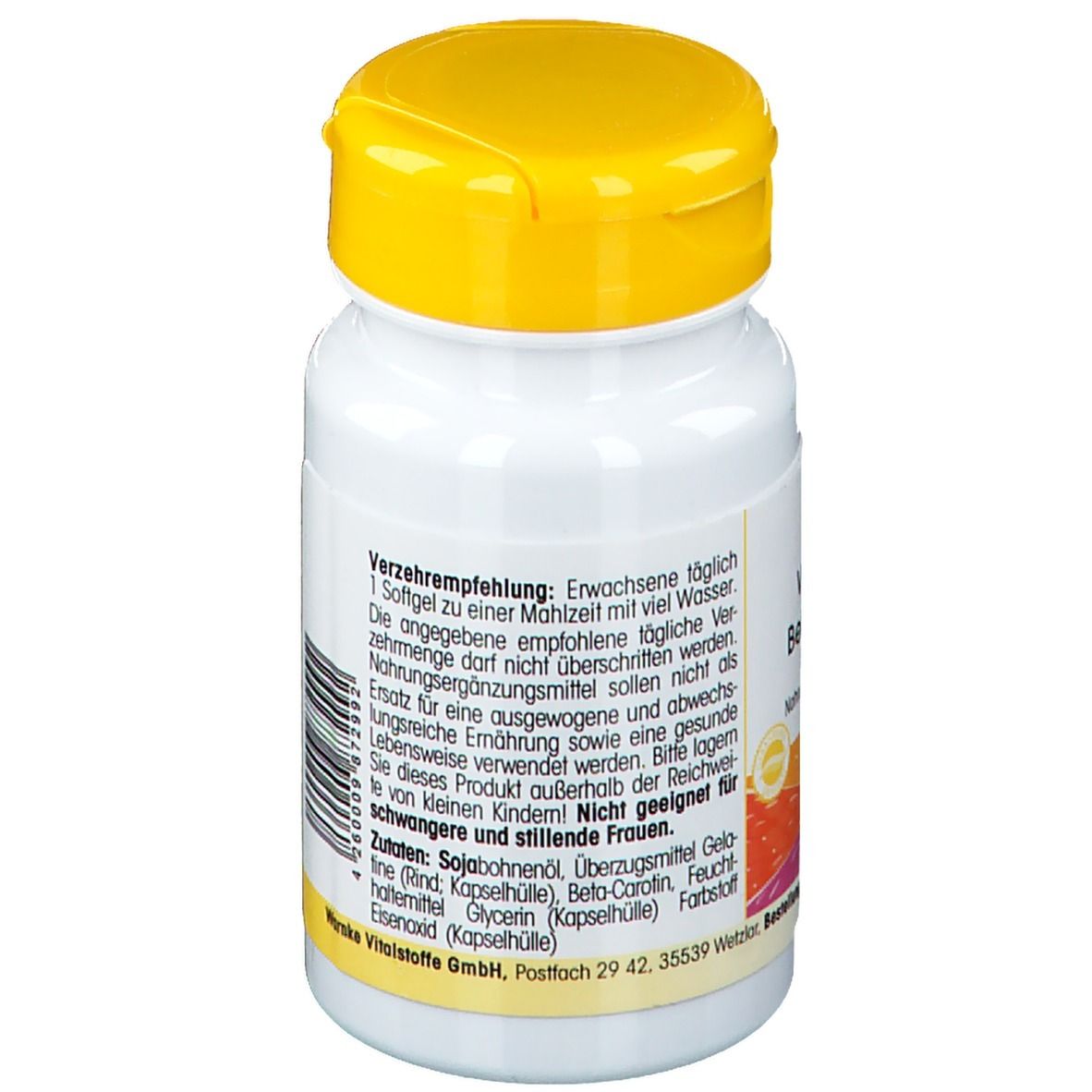 Flacone bianco con coperchio giallo. Scritta: Contenuto, Beta-Carotin 15mg, 40g (100 capsule molli).