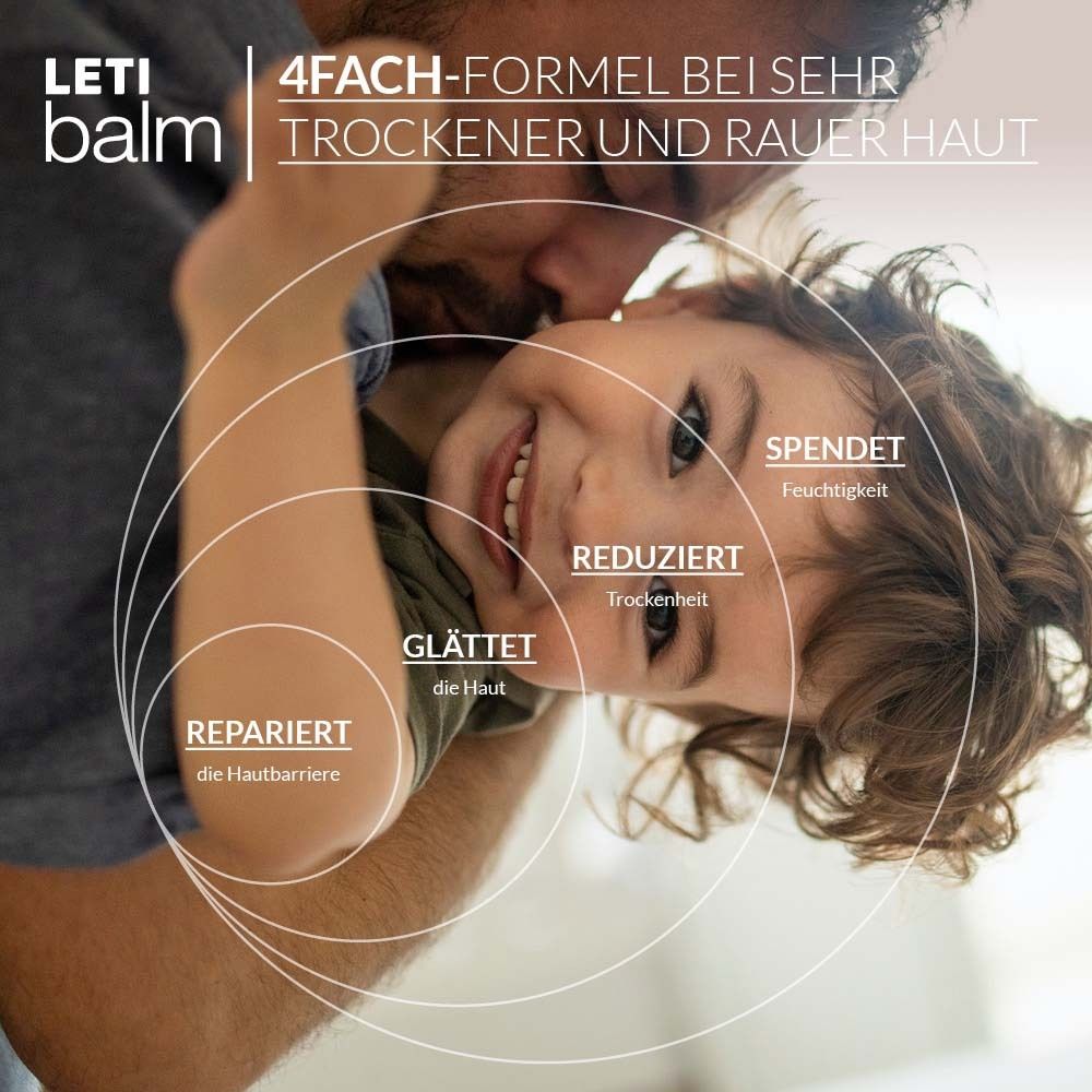 Bambino e uomo si abbracciano. Testo: FORMULA 4X PER PELLE MOLTO SECCA E RUVIDA. Idrata, riduce la secchezza, leviga, ripara la barriera cutanea.