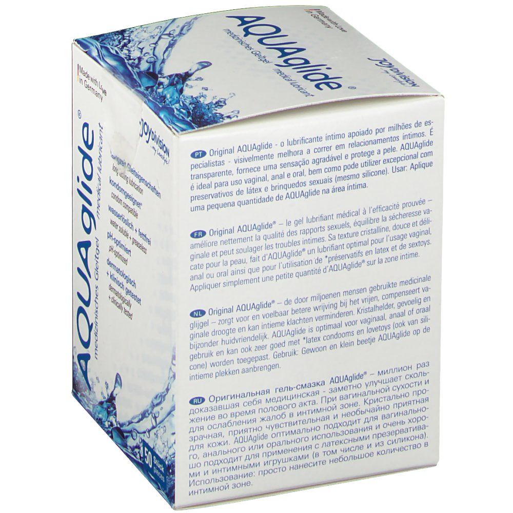 Scatola AQUAglide. Confezione di gel lubrificante medico. Testo multilingue. Contiene informazioni sull'uso e le proprietà.