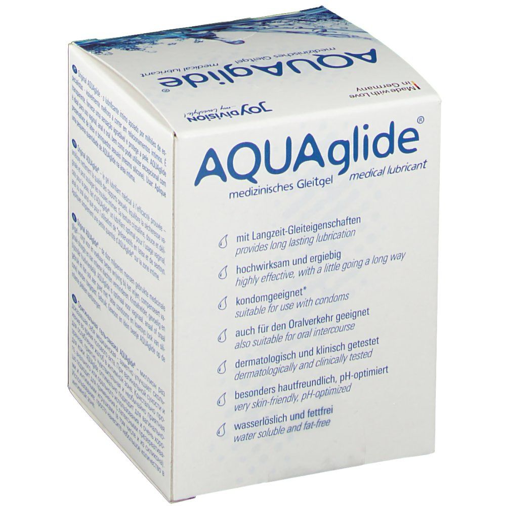 Scatola AQUAglide. Confezione di gel lubrificante medico. Testo: 'compatibile con preservativi', 'pH ottimizzato', 'idrosolubile'. Marchio: joydivision.