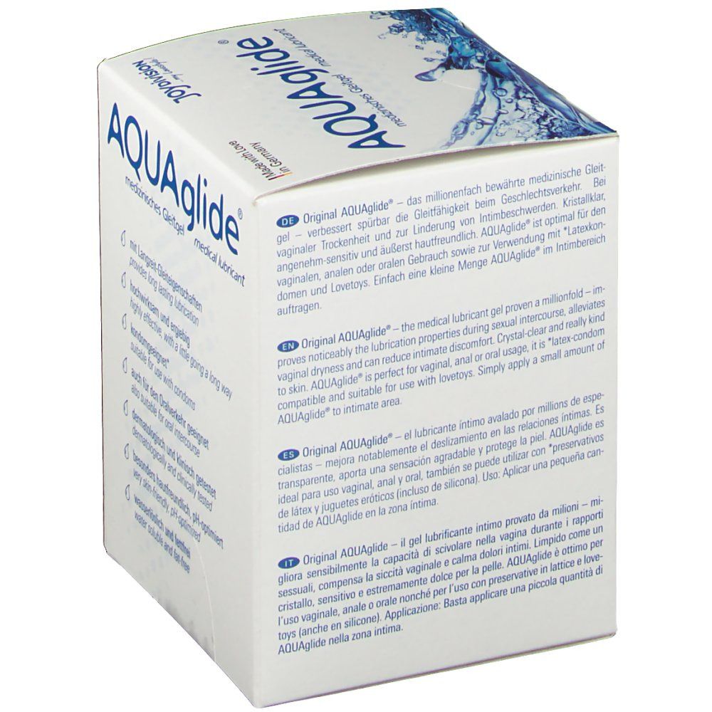 Scatola AQUAglide. Confezione di gel lubrificante medico. Testo multilingue. Marchio: joydivision.