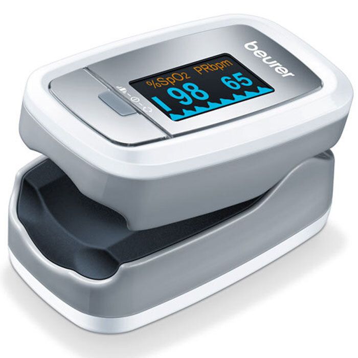 Pulsossimetro con display. Mostra %SpO2 e PRbpm. Corpo bianco-grigio. Marchio: beurer.