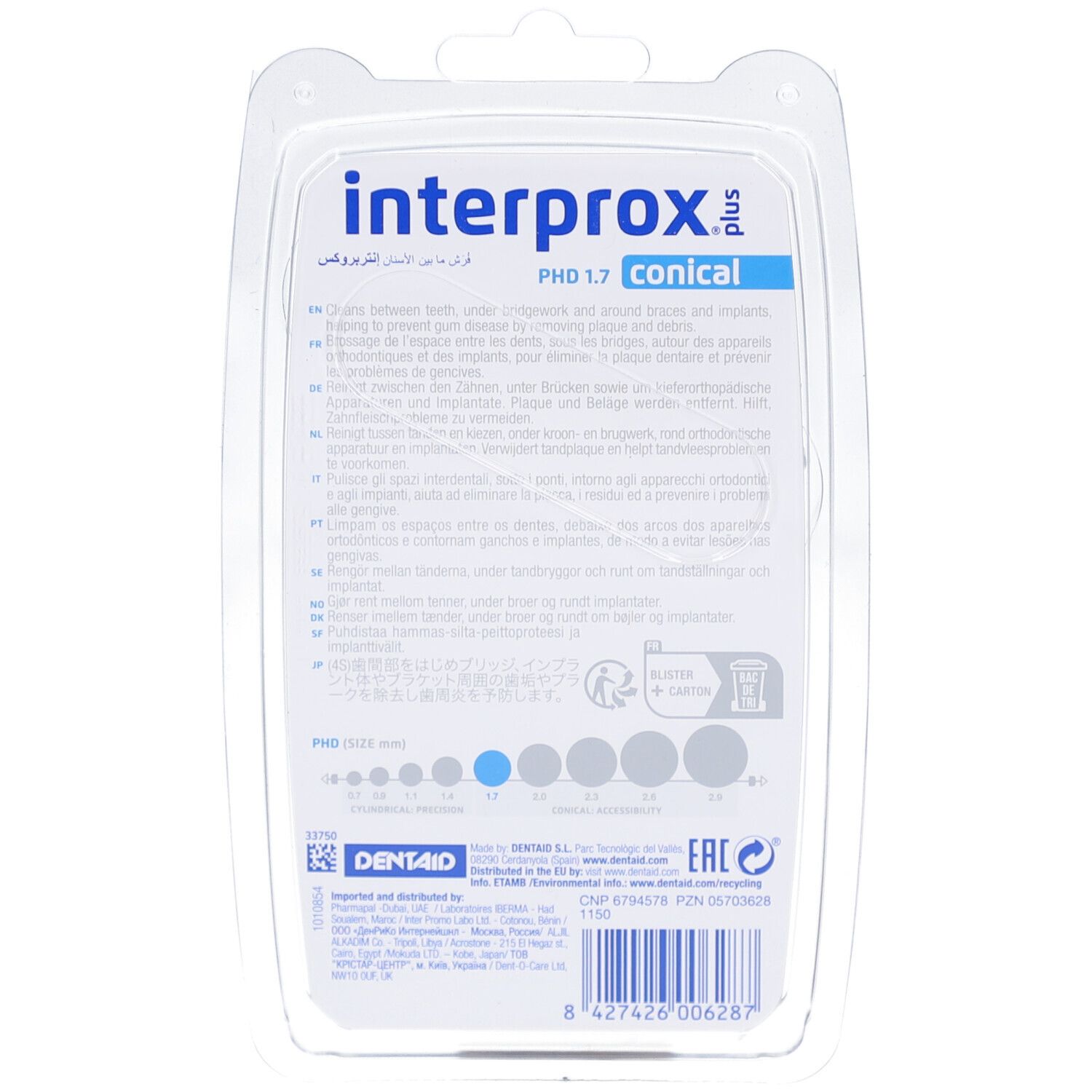 Retro della confezione blister. Testo multilingue: interprox plus conical. Tabella delle dimensioni.