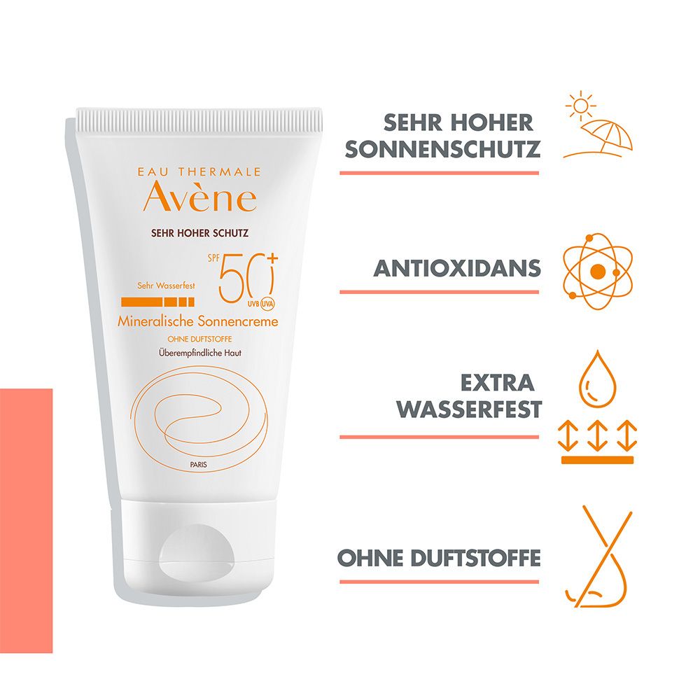 Avene Crema Solare Minerale SPF 50+. Alta protezione solare, antiossidante, extra resistente all'acqua, senza profumo.