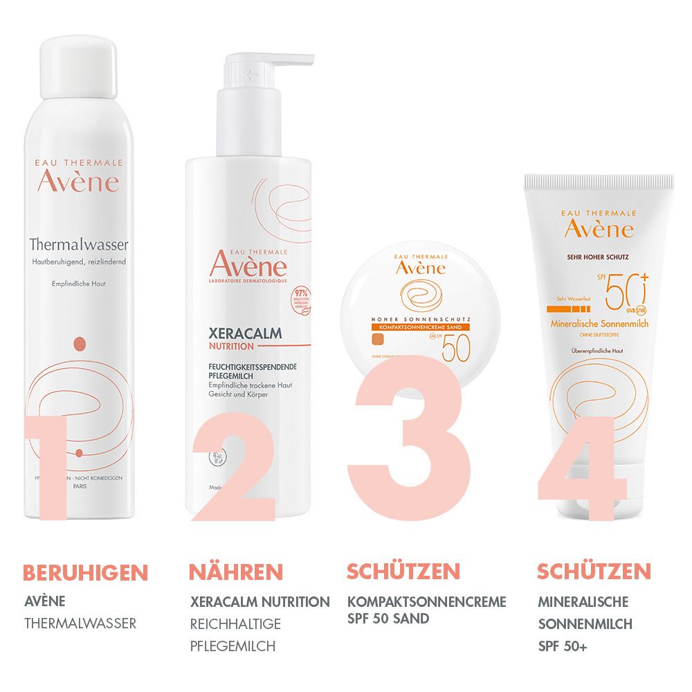 Quattro prodotti affiancati. 1: Acqua termale. 2: Xeracalm. 3: Crema solare compatta SPF 50 Sand. 4: Latte solare minerale SPF 50+.
