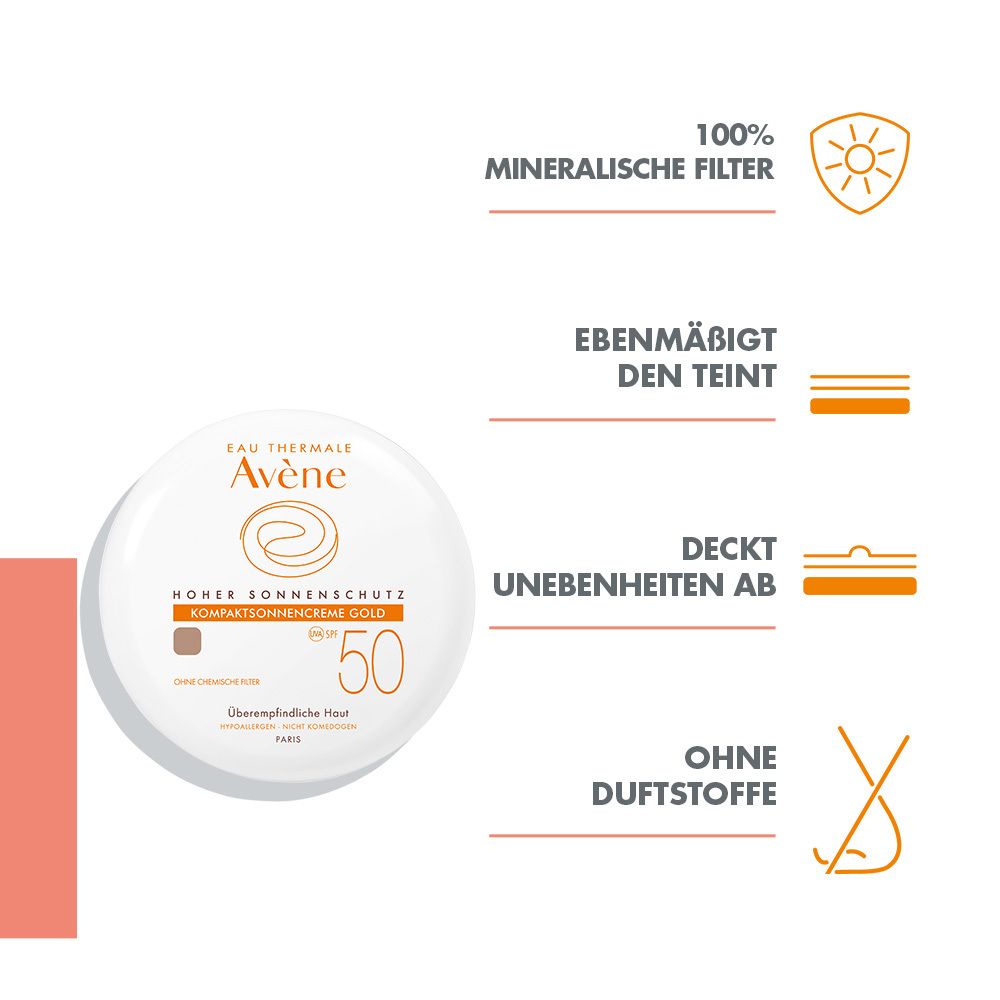 Crema solare compatta accanto a infografica. Testo: 100% filtri minerali, incarnato uniforme, copre le imperfezioni, senza profumo. Prodotto visibile.