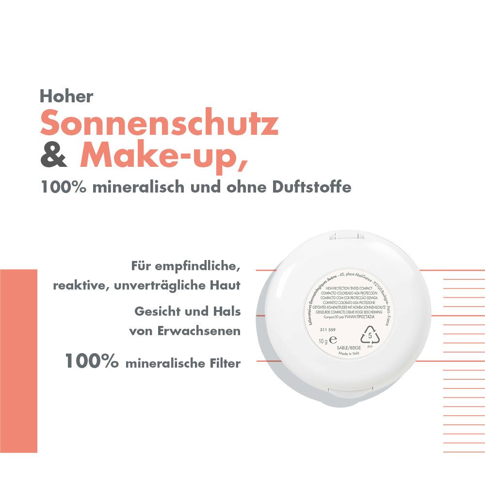Retro del solare compatto. Testo: Alta protezione solare & make-up, 100% minerale e senza profumo. Per pelli sensibili. 12g.
