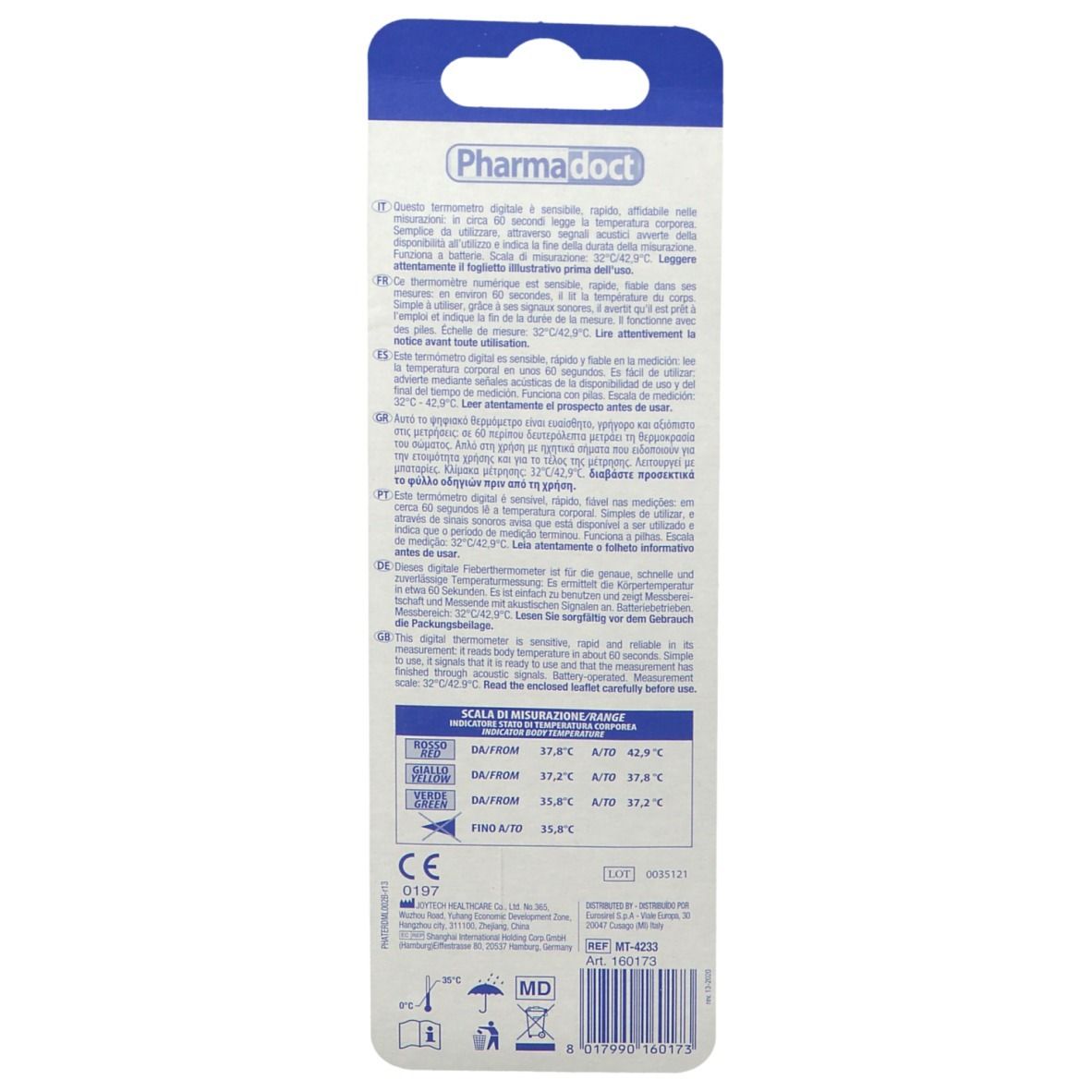 Retro della confezione del termometro. Testo multilingue. Informazioni sull'uso e intervalli di misurazione. Marchio CE.