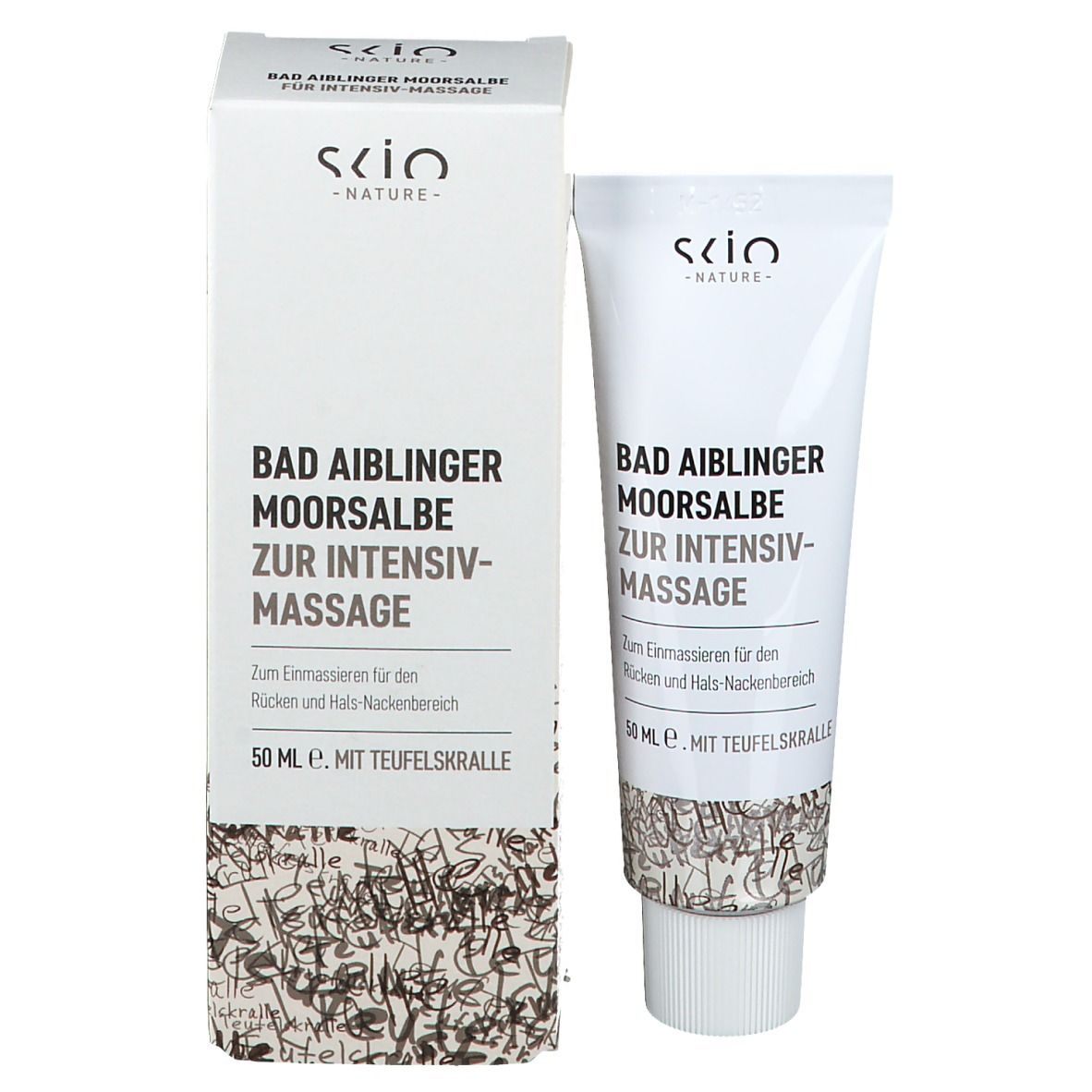 Scatola, tubo e scatola con scritta: Bad Aiblinger Moorsalbe zur Intensiv-Massage. Marchio: SKIO Nature.