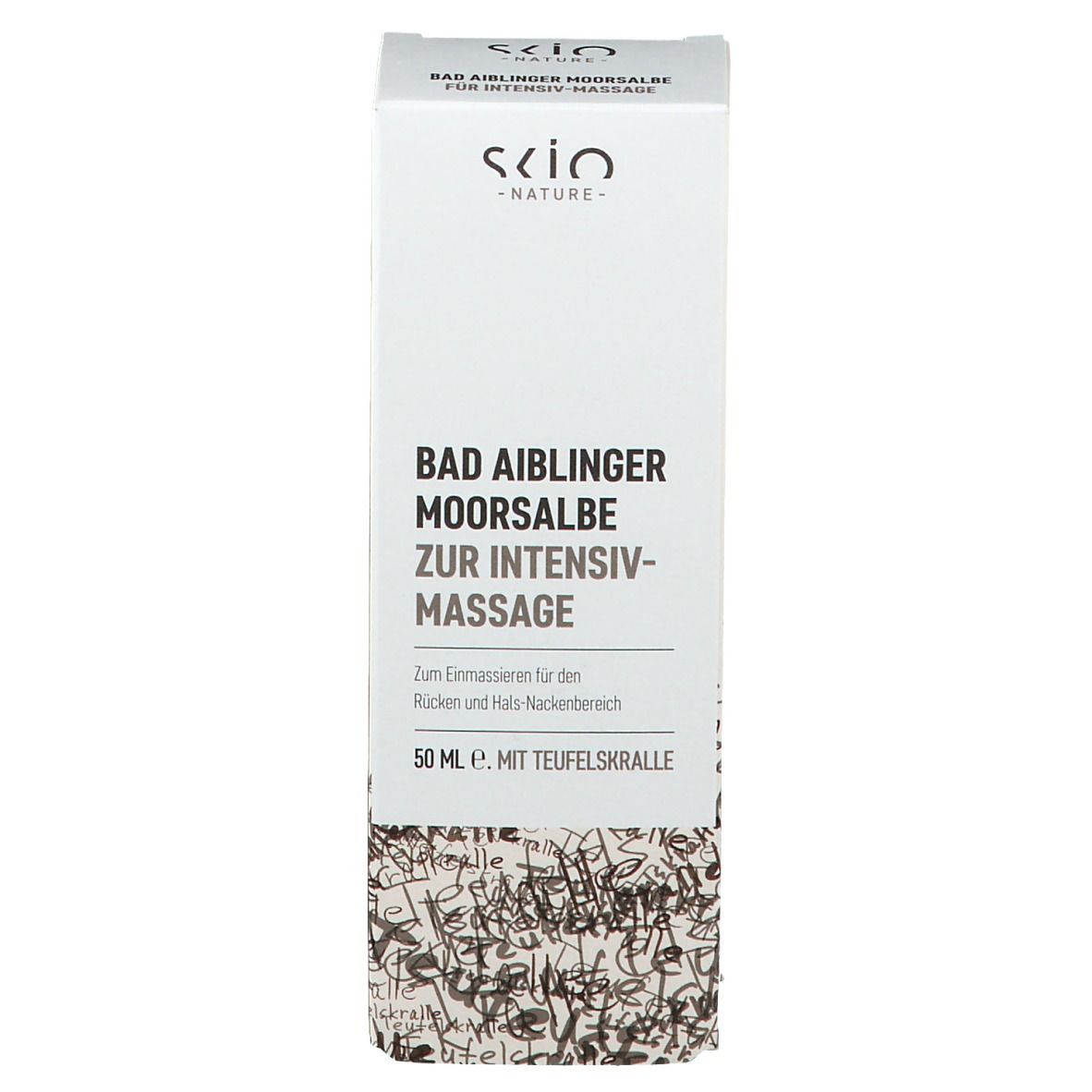 Scatola con scritta: Bad Aiblinger Moorsalbe zur Intensiv-Massage. Marchio: SKIO Nature. Sfondo bianco.